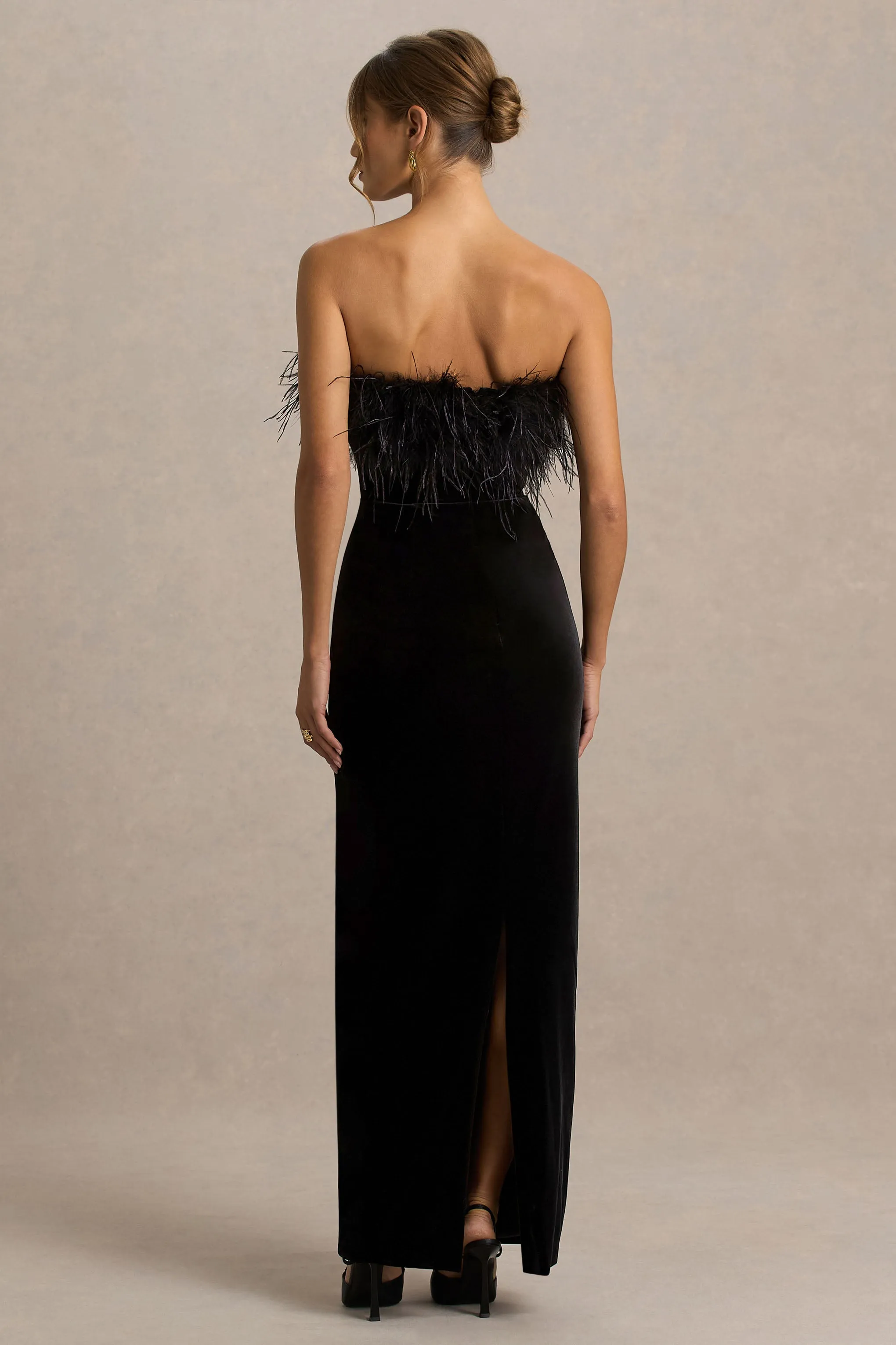 Arella | Black Velvet Bandeau Maxi Dress With Feather Trim sold by Club L London product image thumbnail 2