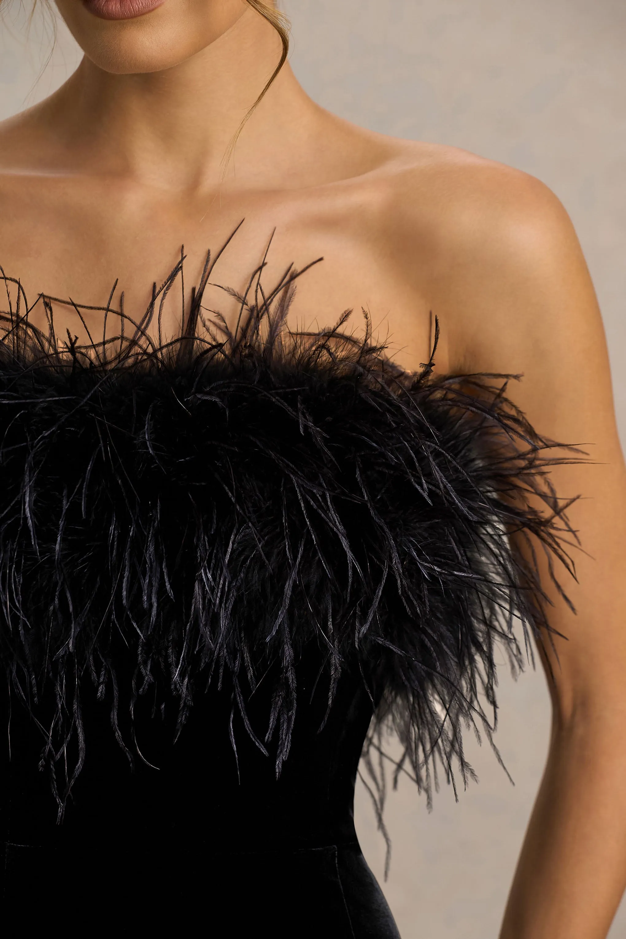 Arella | Black Velvet Bandeau Maxi Dress With Feather Trim sold by Club L London product image thumbnail 3