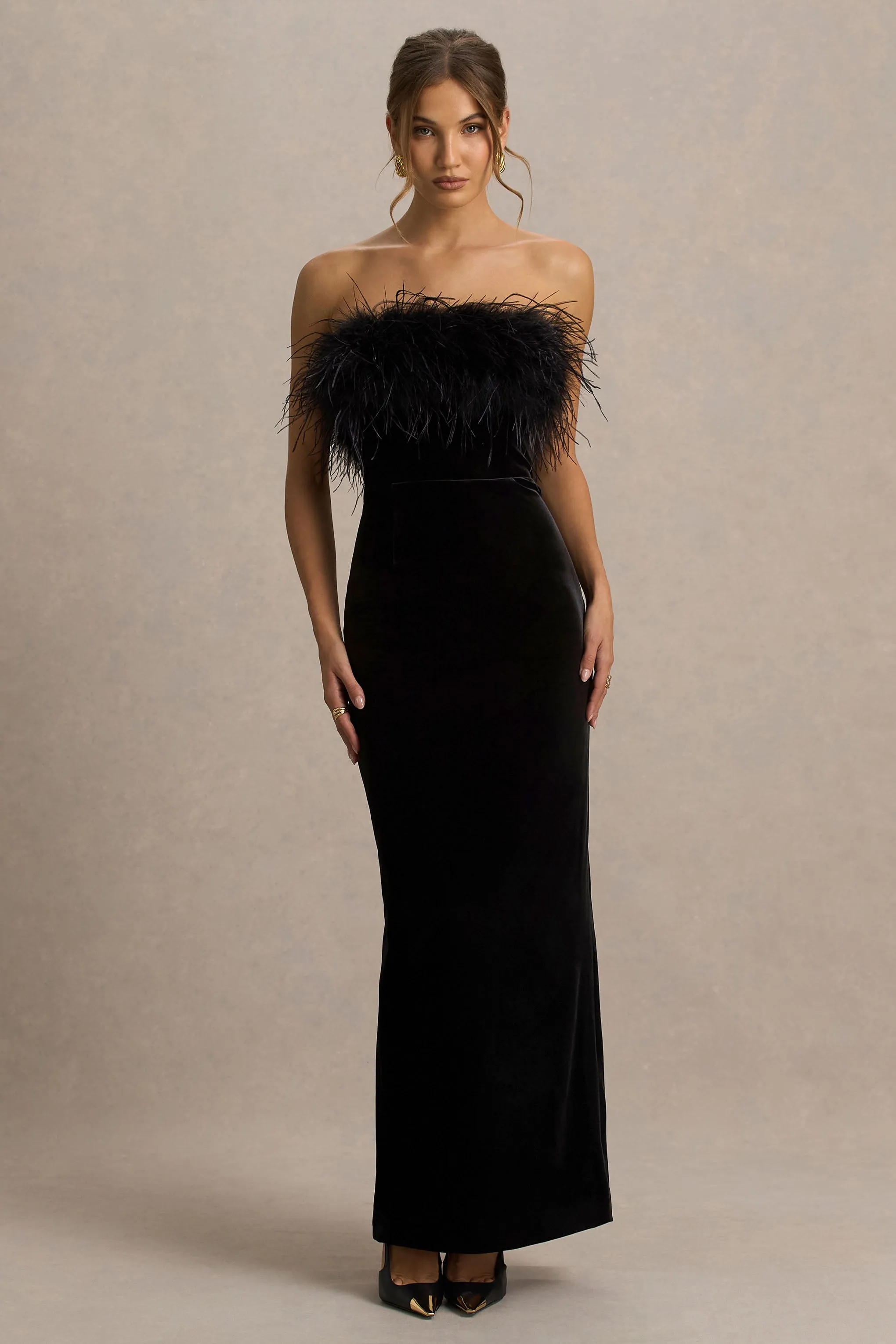 Arella | Black Velvet Bandeau Maxi Dress With Feather Trim sold by Club L London product image thumbnail 4