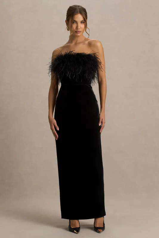 Arella | Black Velvet Bandeau Maxi Dress With Feather Trim sold by Club L London