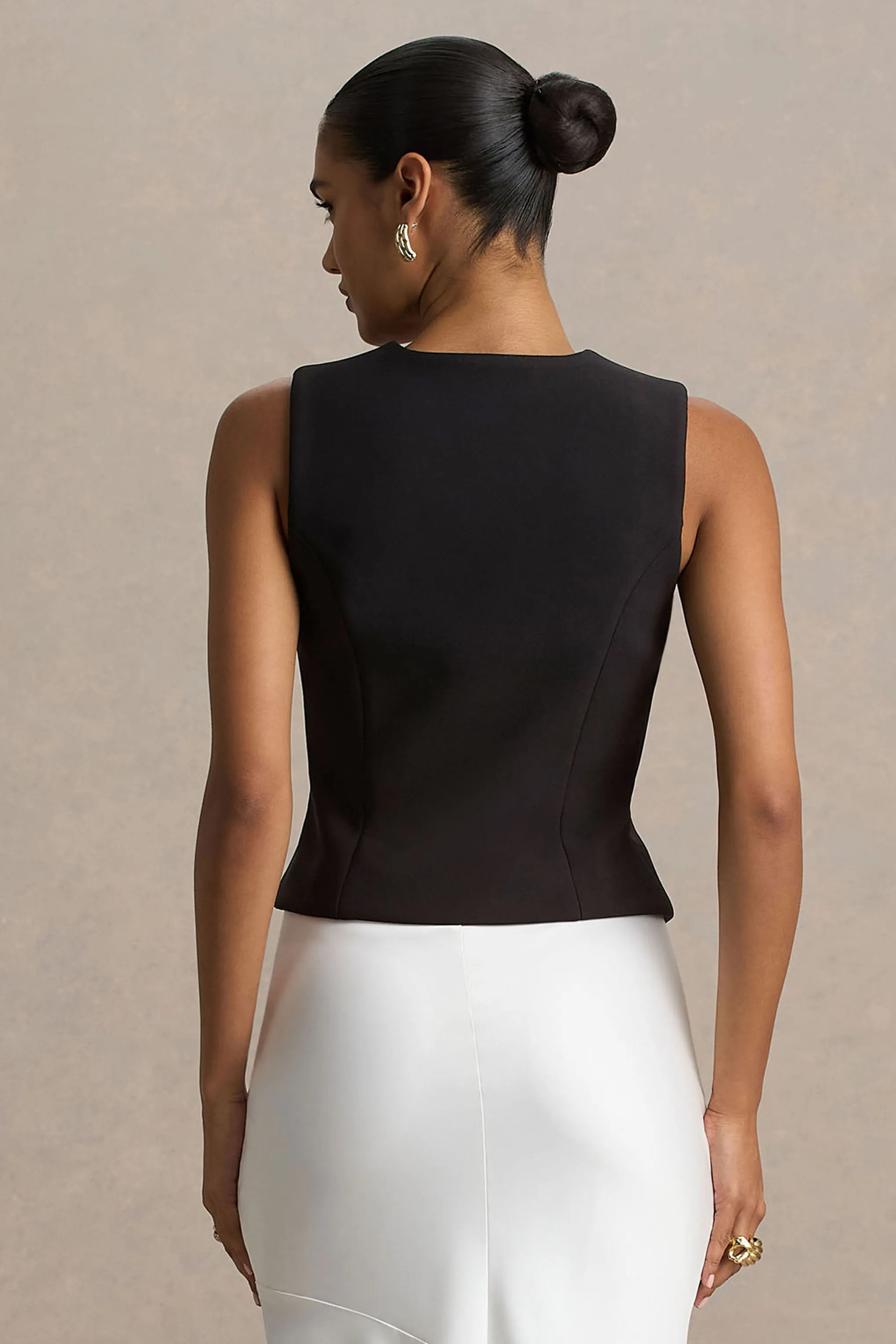 Priscilla | Black Plunge-Neck Tailored Waistcoat sold by Club L London product image thumbnail 2