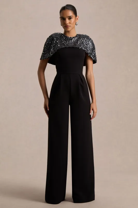 Eloriana | Black Hand-Embellished High-Neck Jumpsuit sold by Club L London