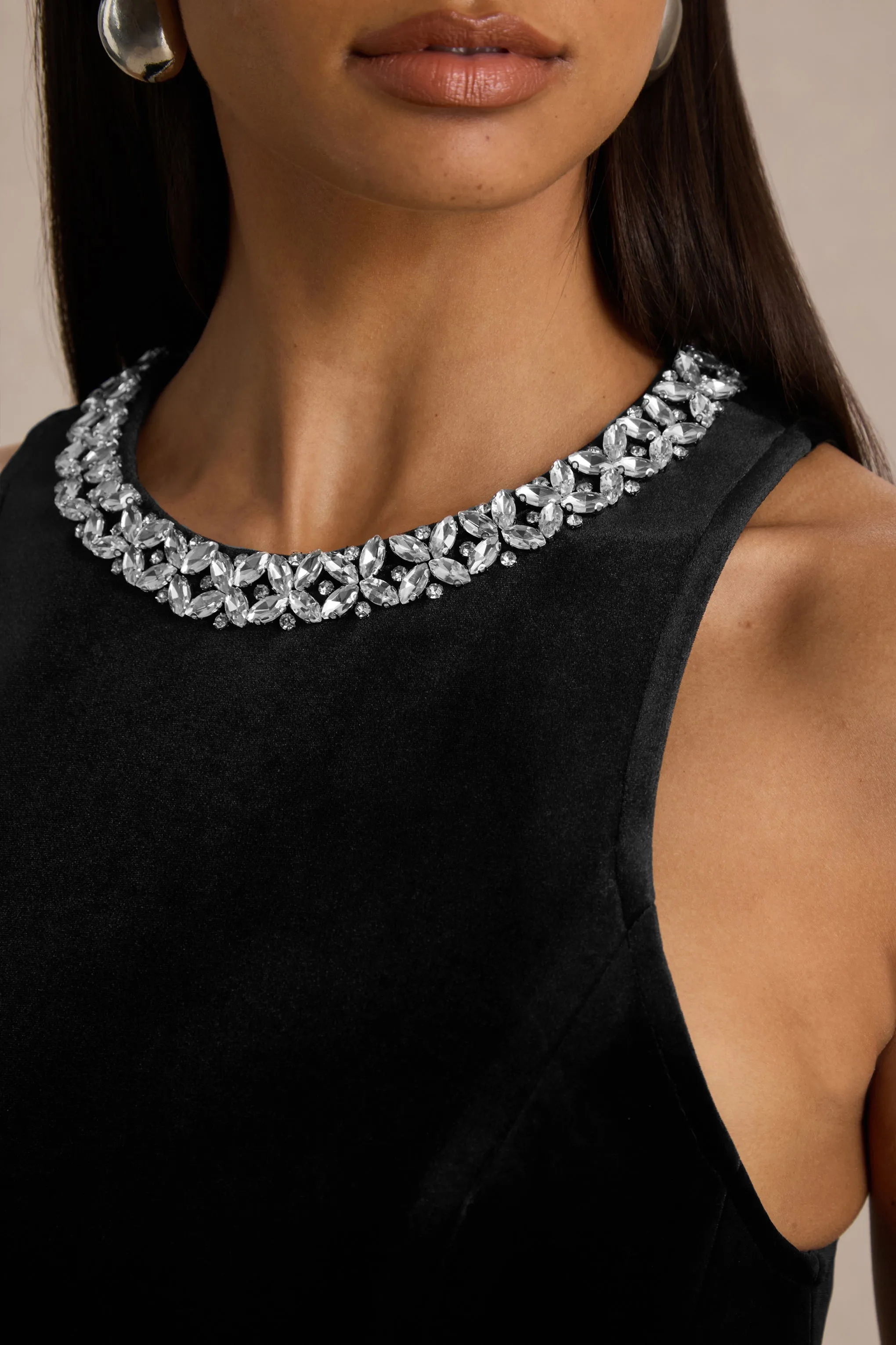 Meva | Black Velvet Hand-Embellished High-Neck Mini Dress sold by Club L London product image thumbnail 3