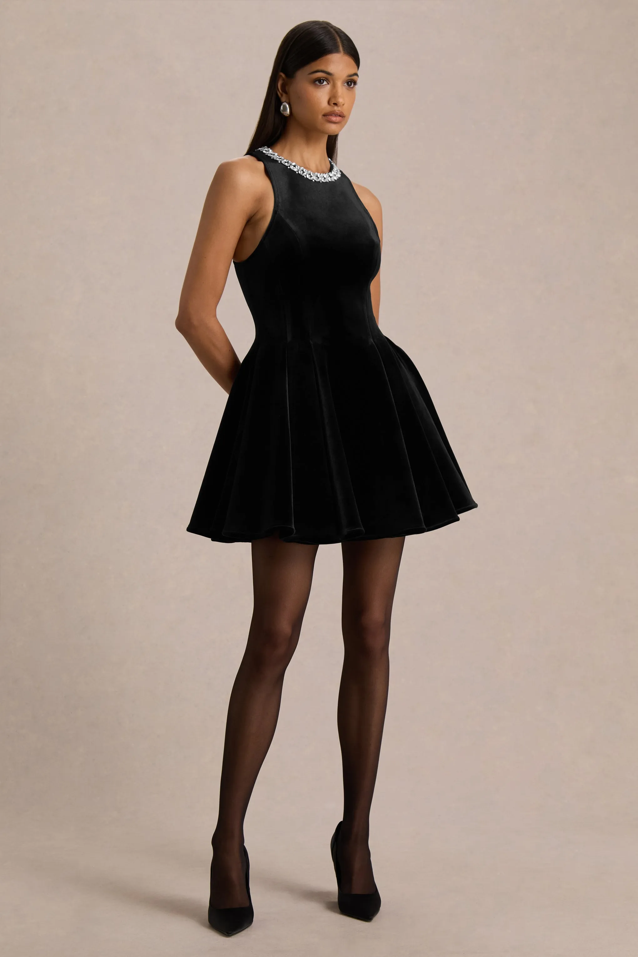 Meva | Black Velvet Hand-Embellished High-Neck Mini Dress sold by Club L London product image thumbnail 4