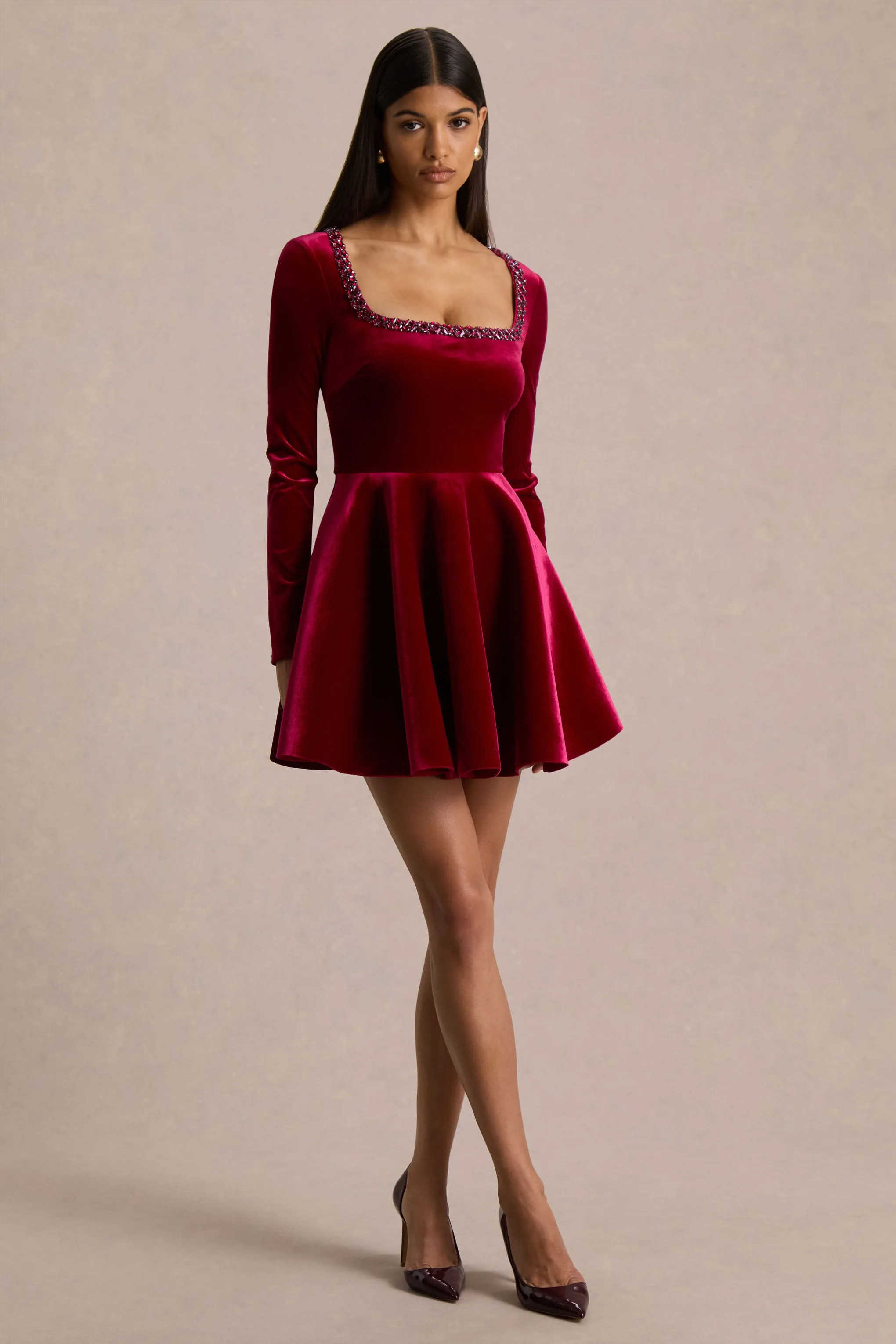 Beloved | Burgundy Velvet Hand-Embellished Square-Neck Mini Dress sold by Club L London product image thumbnail 4