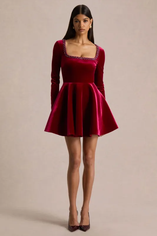 Beloved | Burgundy Velvet Hand-Embellished Square-Neck Mini Dress sold by Club L London