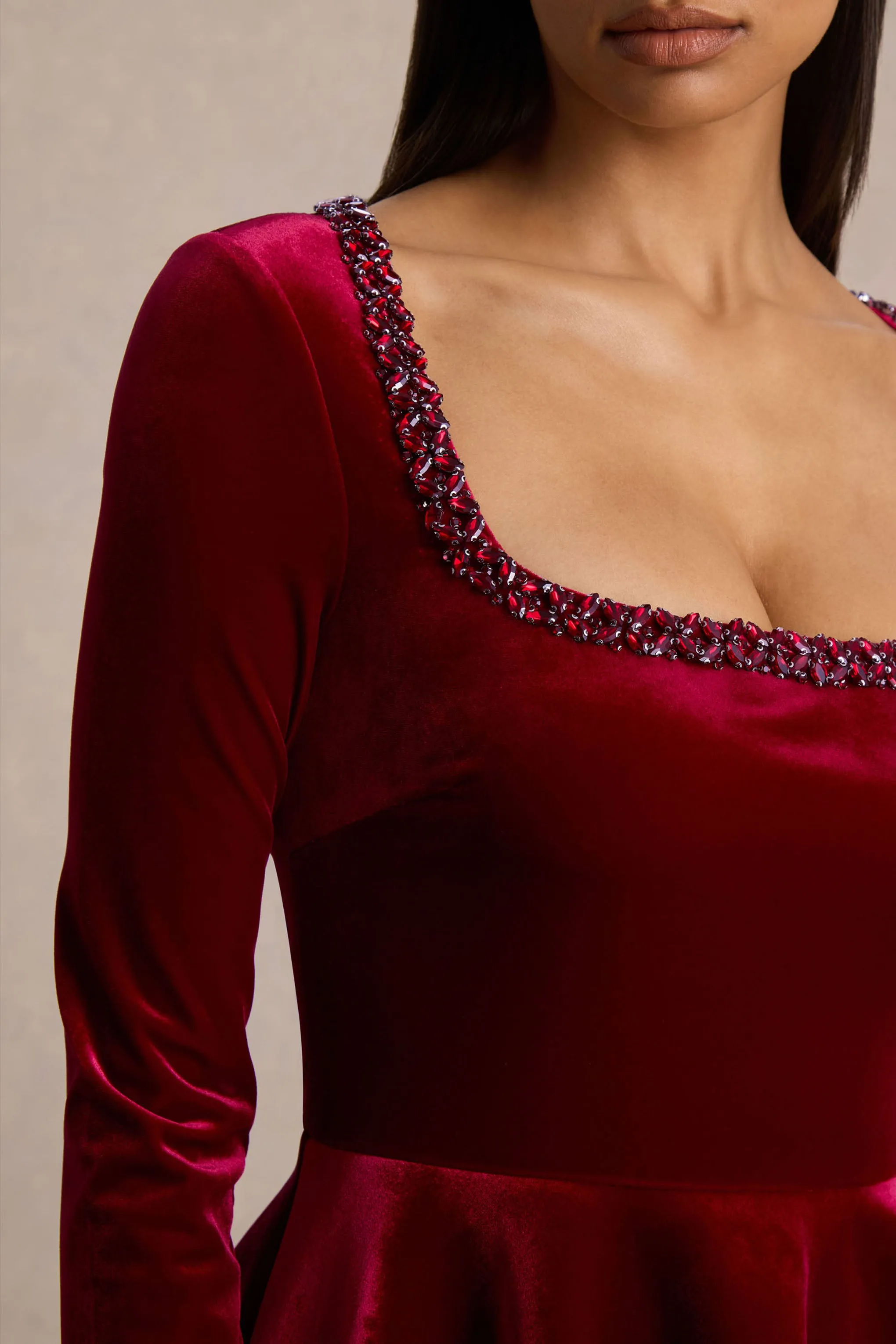 Beloved | Burgundy Velvet Hand-Embellished Square-Neck Mini Dress sold by Club L London product image thumbnail 3