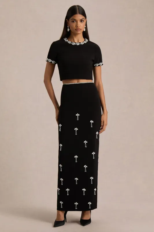 Aven | Black Hand-Embellished Maxi Skirt sold by Club L London