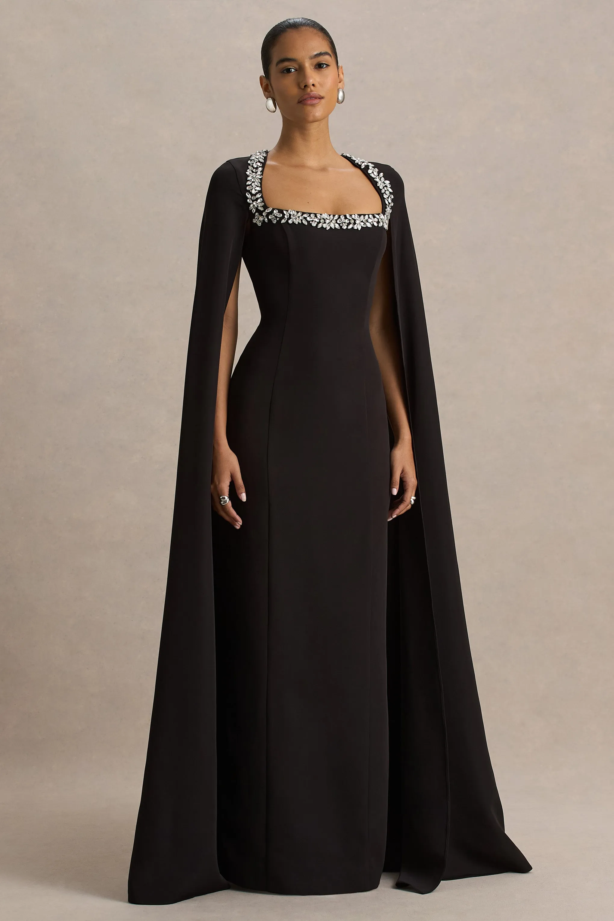Glossy | Black Woven Square-Neck Maxi Dress With Cape Sleeves and Hand-Embellished Detail sold by Club L London product image thumbnail 5