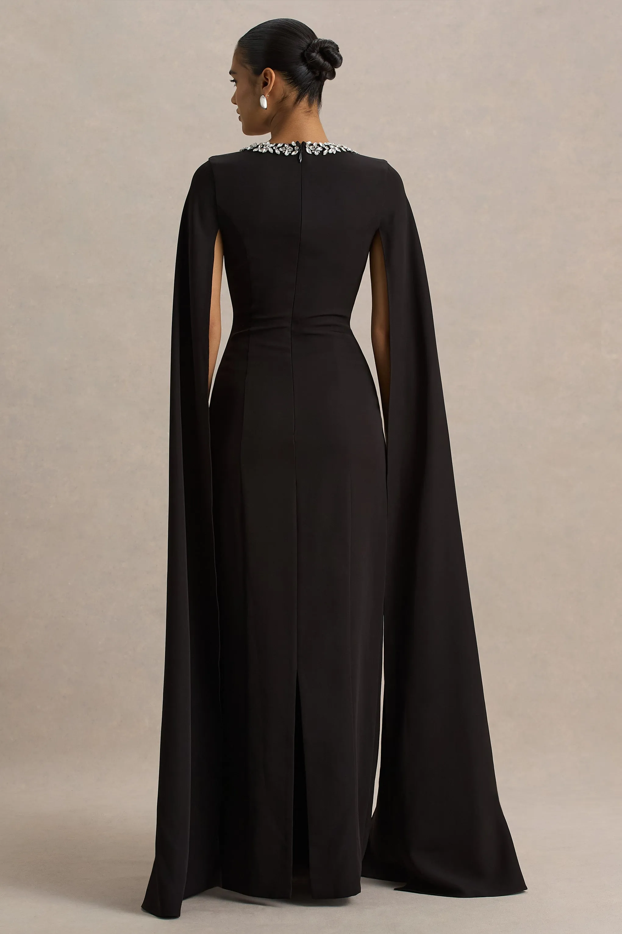 Glossy | Black Woven Square-Neck Maxi Dress With Cape Sleeves and Hand-Embellished Detail sold by Club L London product image thumbnail 2
