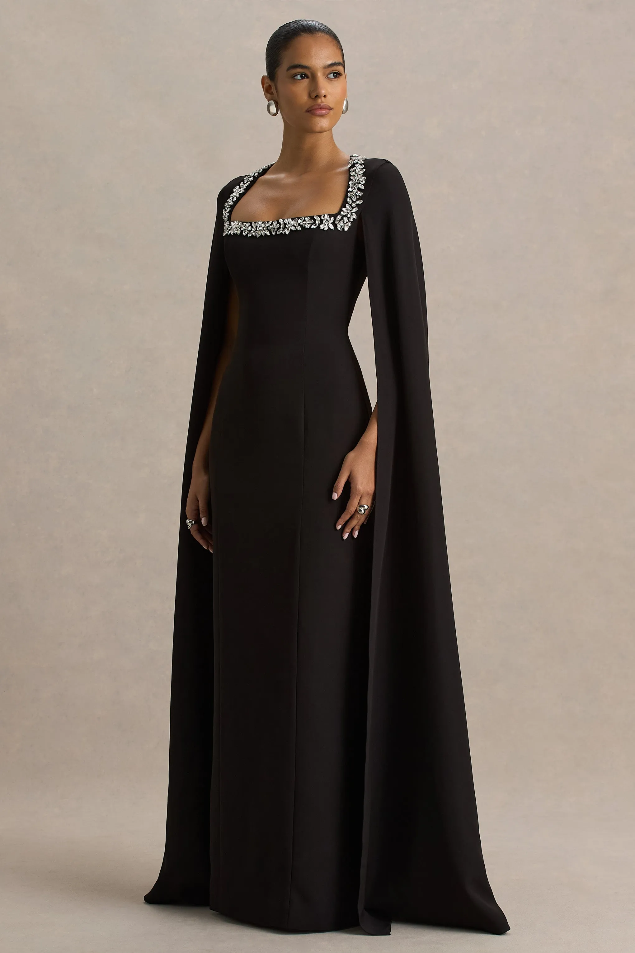 Glossy | Black Woven Square-Neck Maxi Dress With Cape Sleeves and Hand-Embellished Detail sold by Club L London product image thumbnail 3