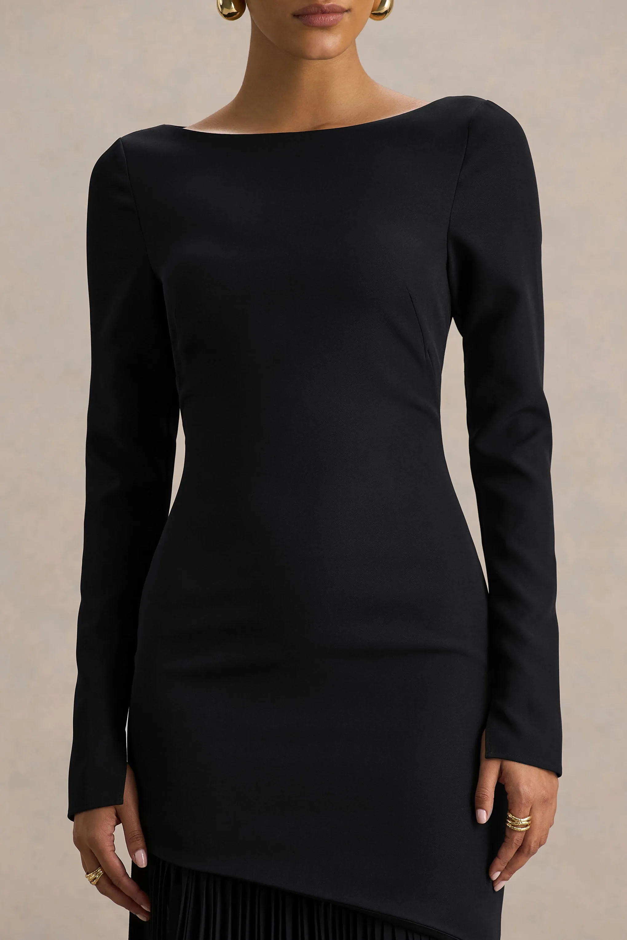 Yanira | Black Crepe And Georgette Boat-Neck Maxi Dress With Drop Waist sold by Club L London product image thumbnail 3