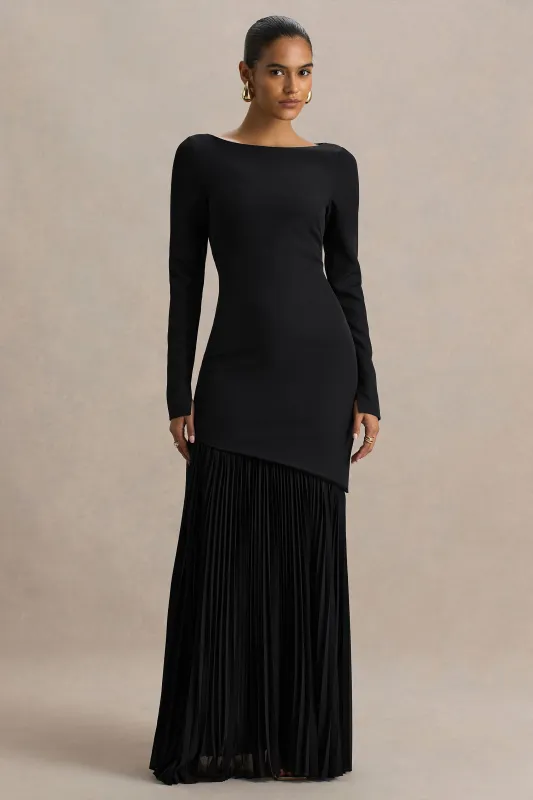 Yanira | Black Crepe And Georgette Boat-Neck Maxi Dress With Drop Waist sold by Club L London