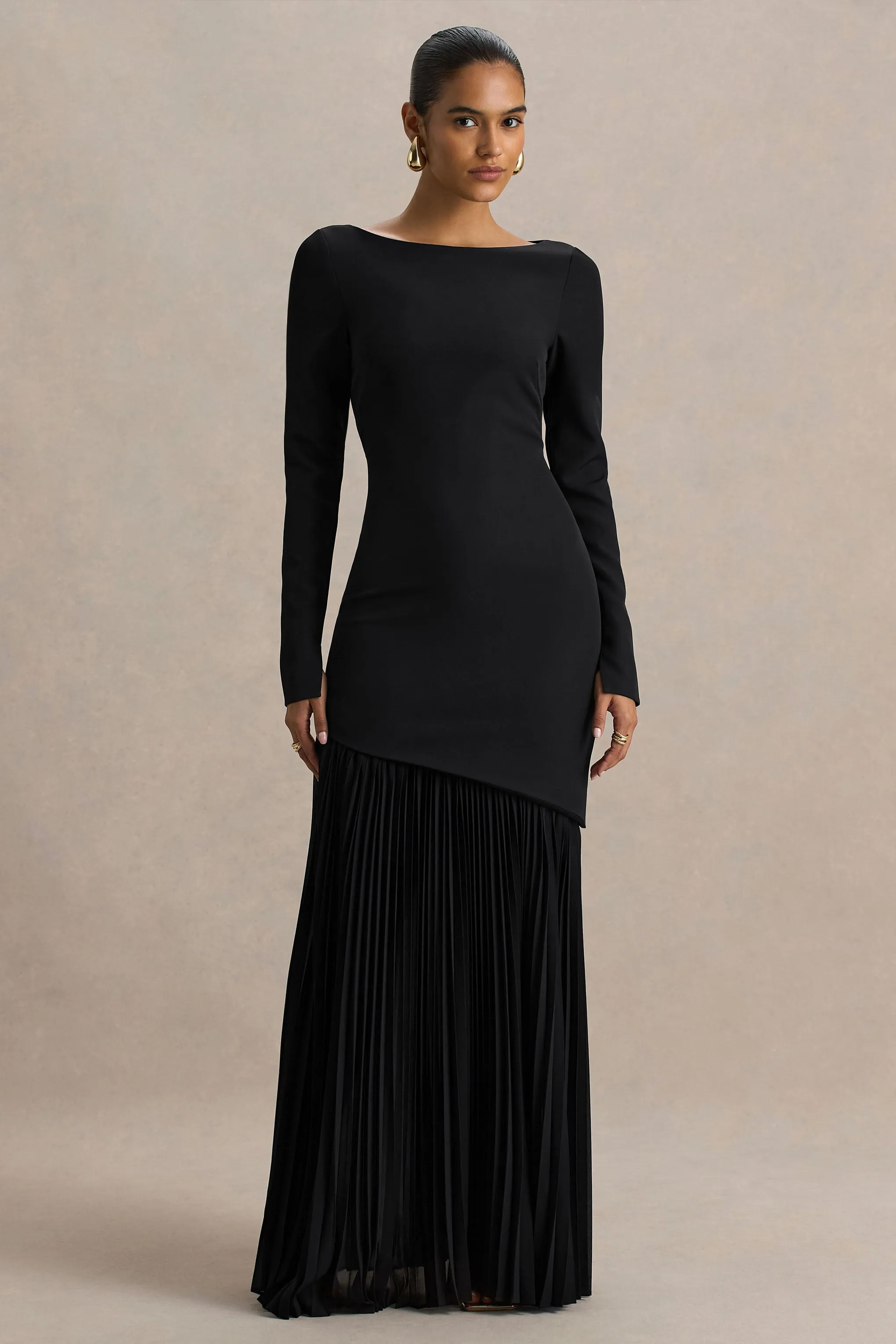 Yanira | Black Crepe And Georgette Boat-Neck Maxi Dress With Drop Waist sold by Club L London