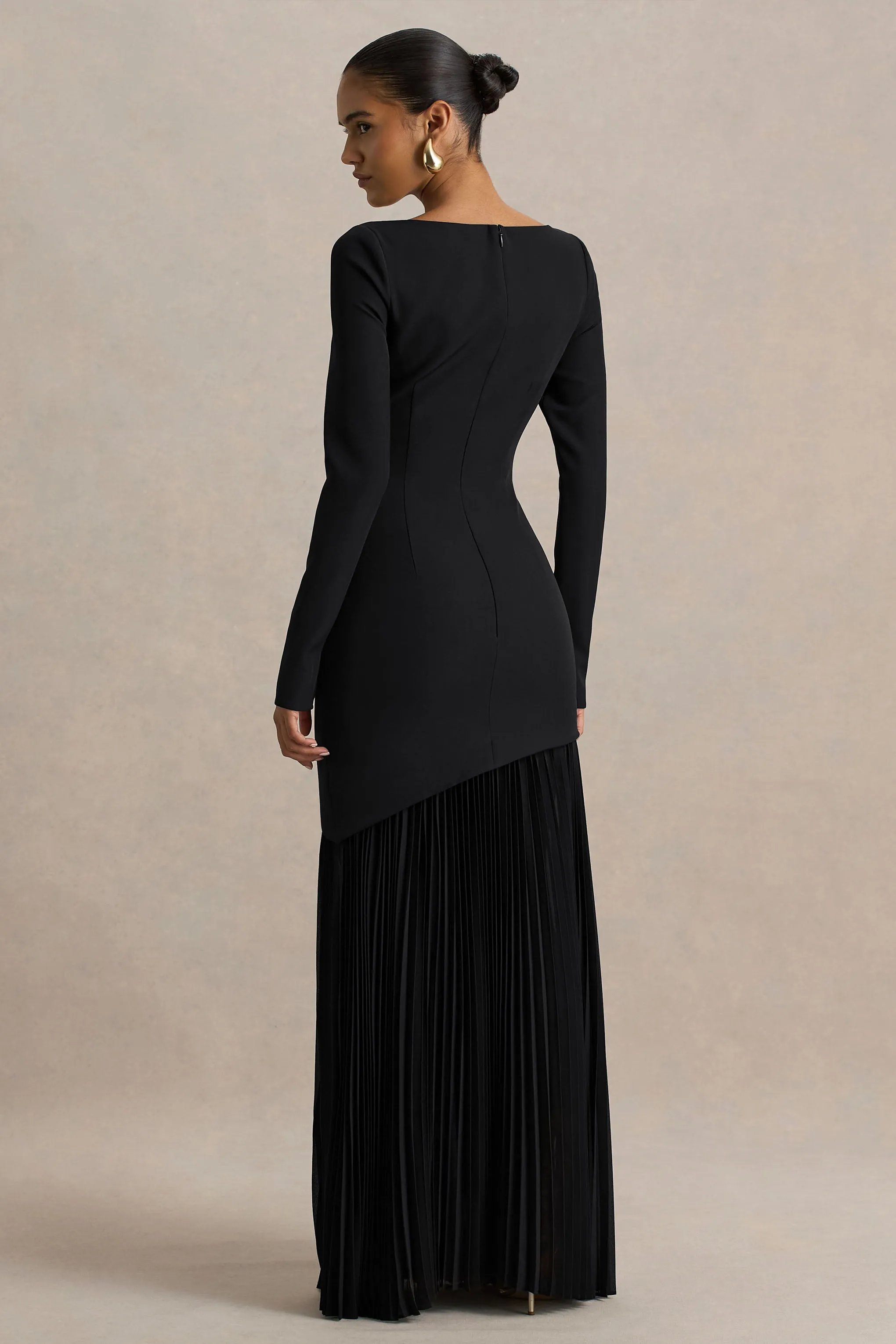 Yanira | Black Crepe And Georgette Boat-Neck Maxi Dress With Drop Waist sold by Club L London product image thumbnail 2