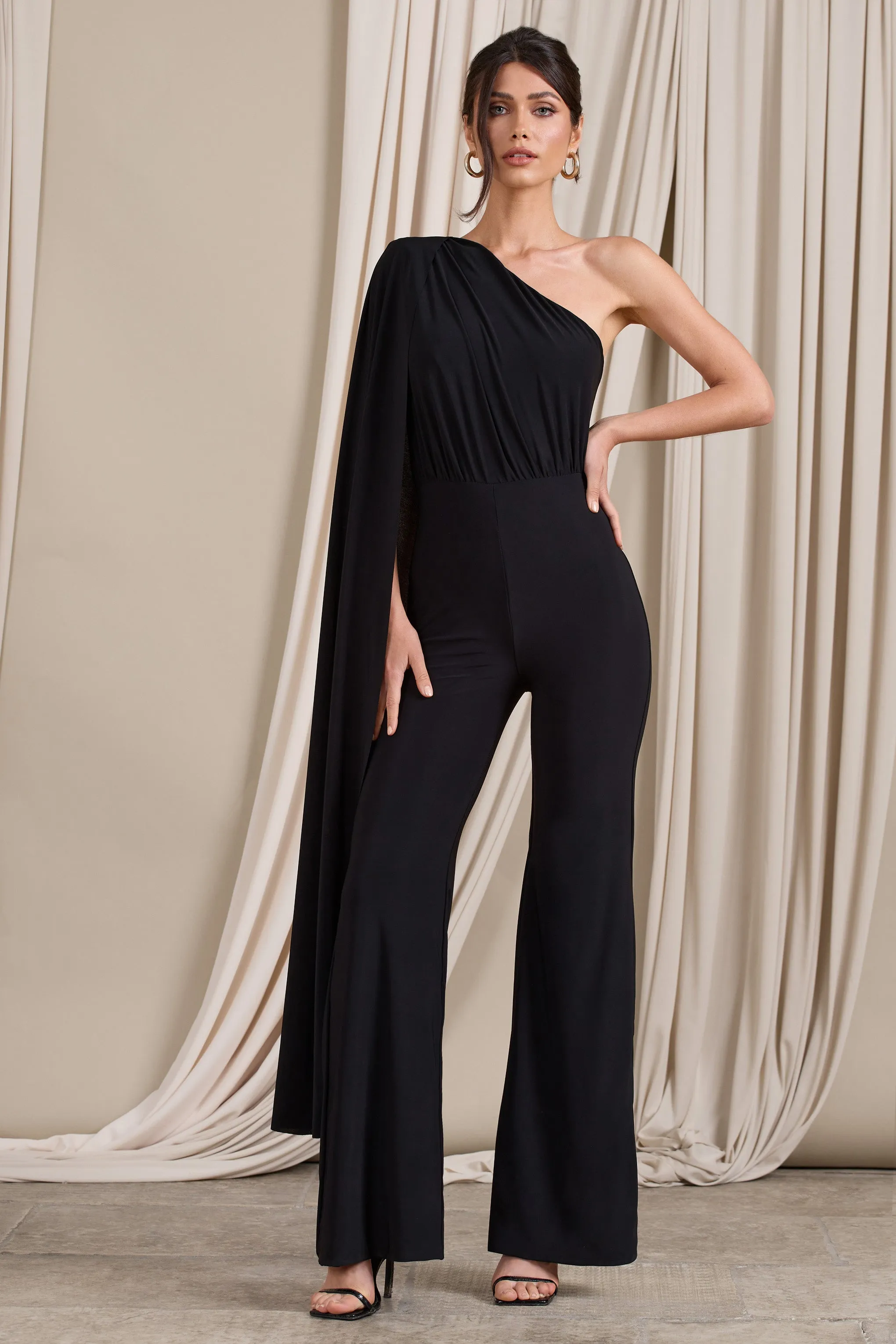 Aurora | Black One Shoulder Cape Sleeve Jumpsuit sold by Club L London product image thumbnail 4
