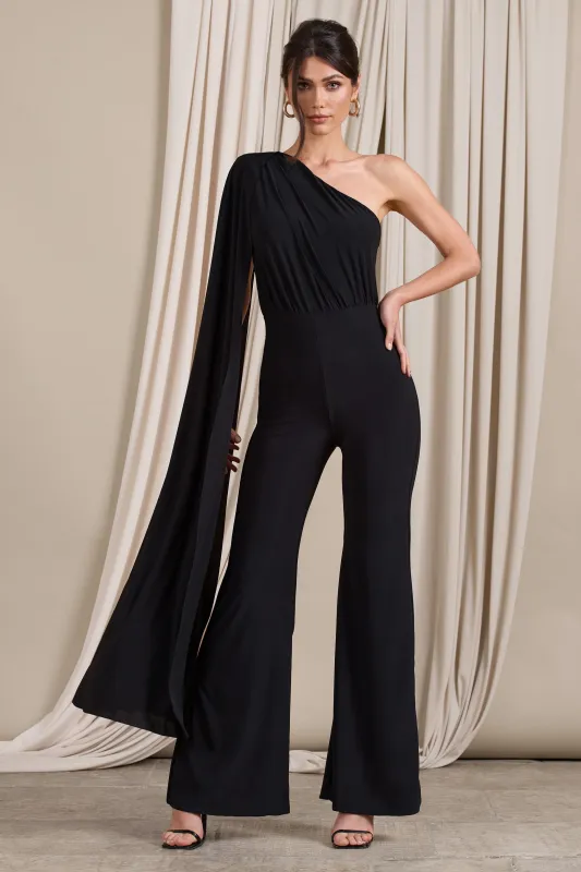 Aurora | Black One Shoulder Cape Sleeve Jumpsuit sold by Club L London