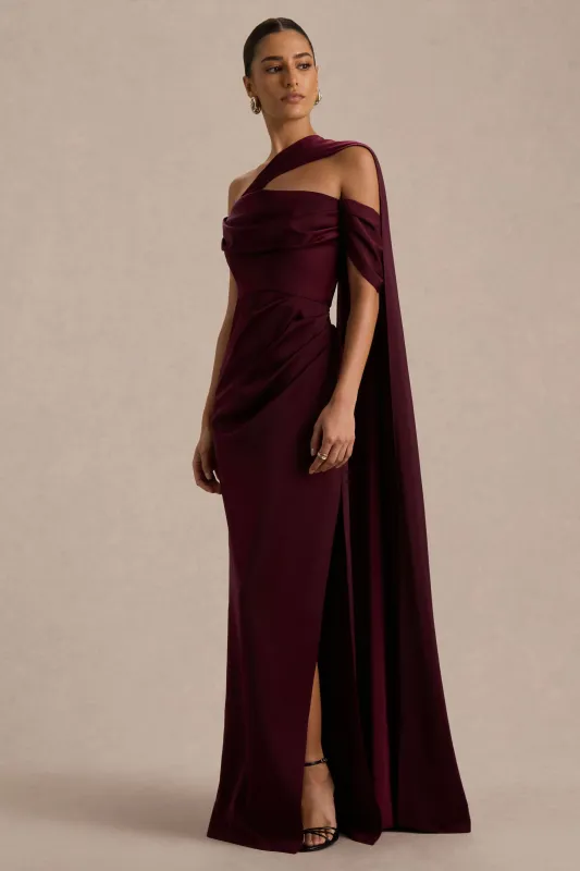 Yazmin | Burgundy Satin Asymmetric Maxi Dress With One-Sleeve Cape made by Club L London