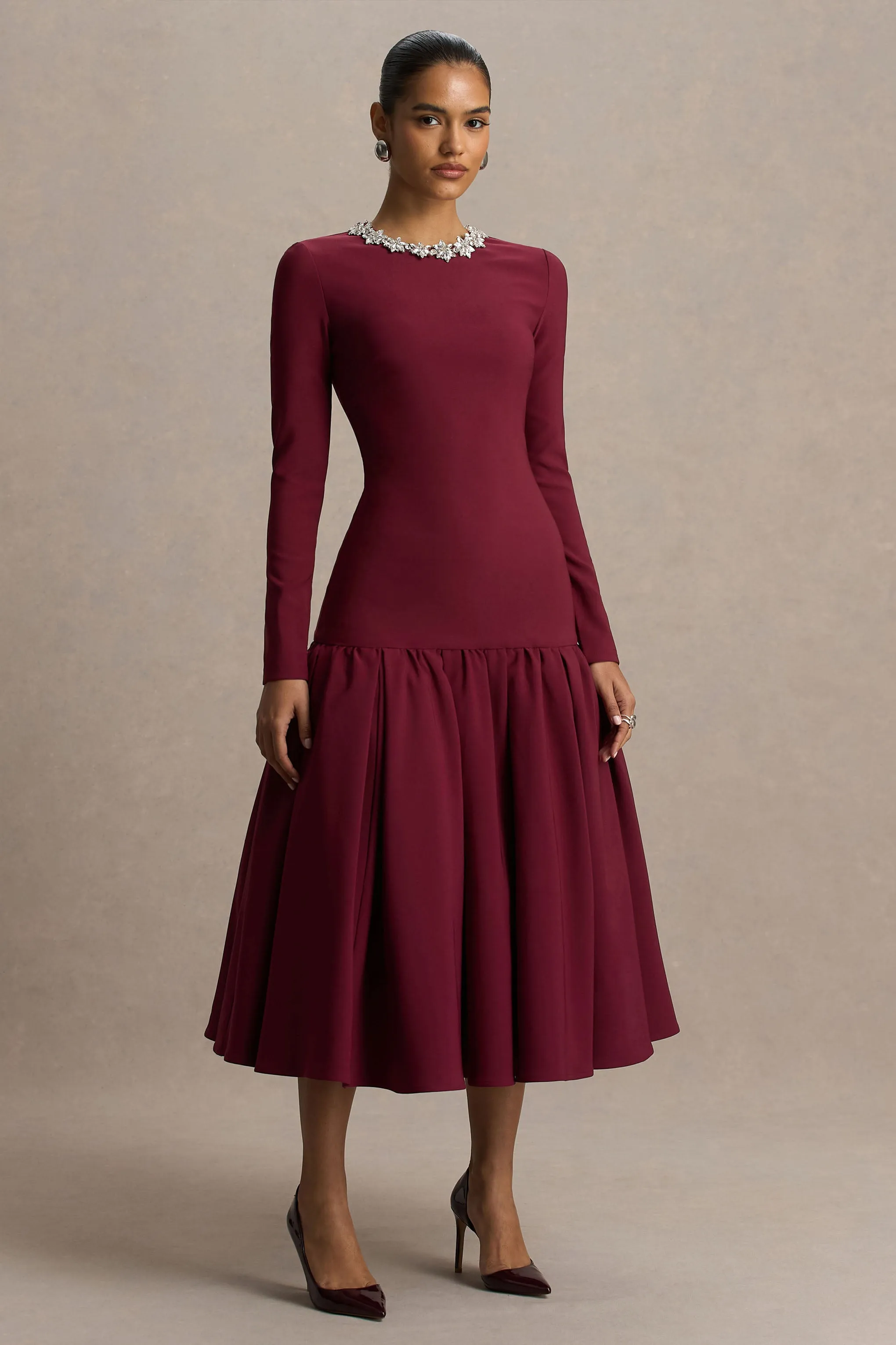 Jovana | Burgundy Hand-Embellished Crew-Neck Midi Dress With Drop Waist sold by Club L London product image thumbnail 5