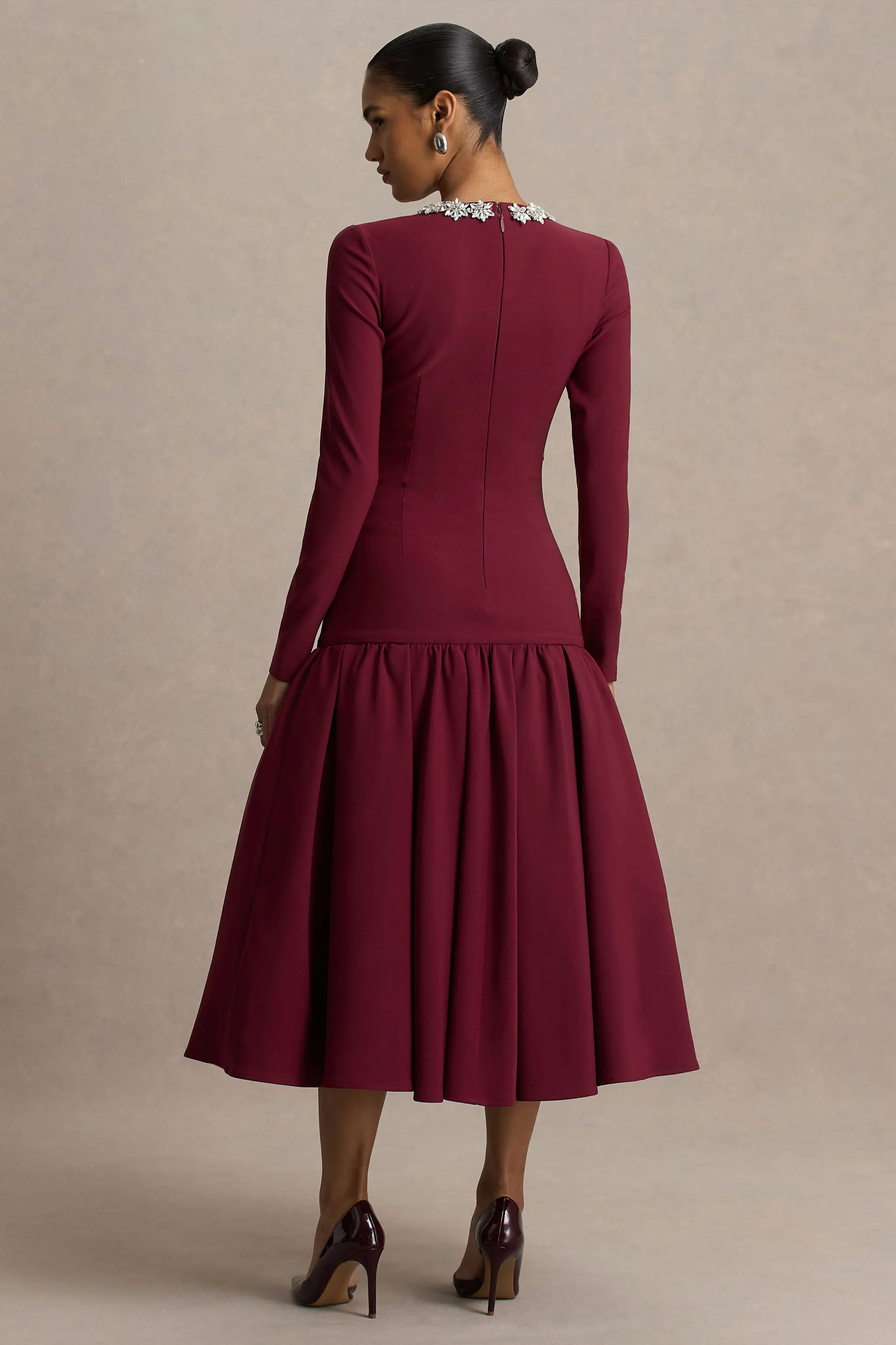 Jovana | Burgundy Hand-Embellished Crew-Neck Midi Dress With Drop Waist sold by Club L London product image thumbnail 2