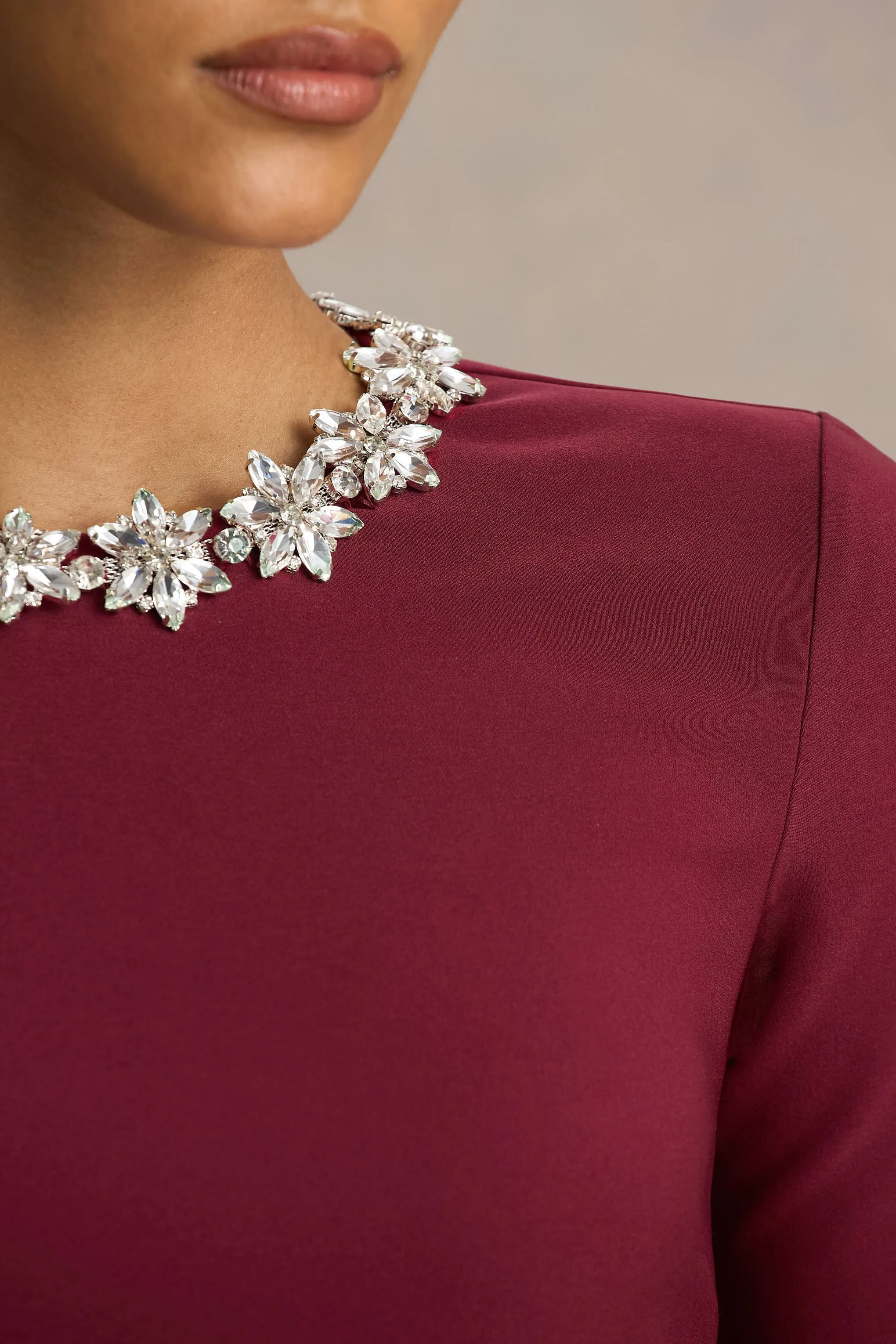 Jovana | Burgundy Hand-Embellished Crew-Neck Midi Dress With Drop Waist sold by Club L London product image thumbnail 3