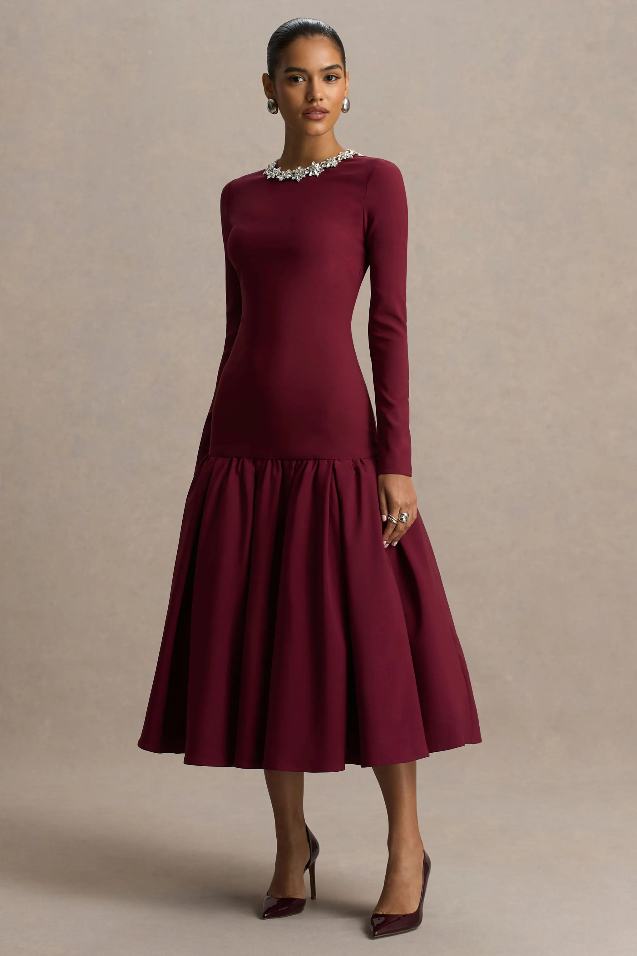 Jovana | Burgundy Hand-Embellished Crew-Neck Midi Dress With Drop Waist sold by Club L London product image thumbnail 4