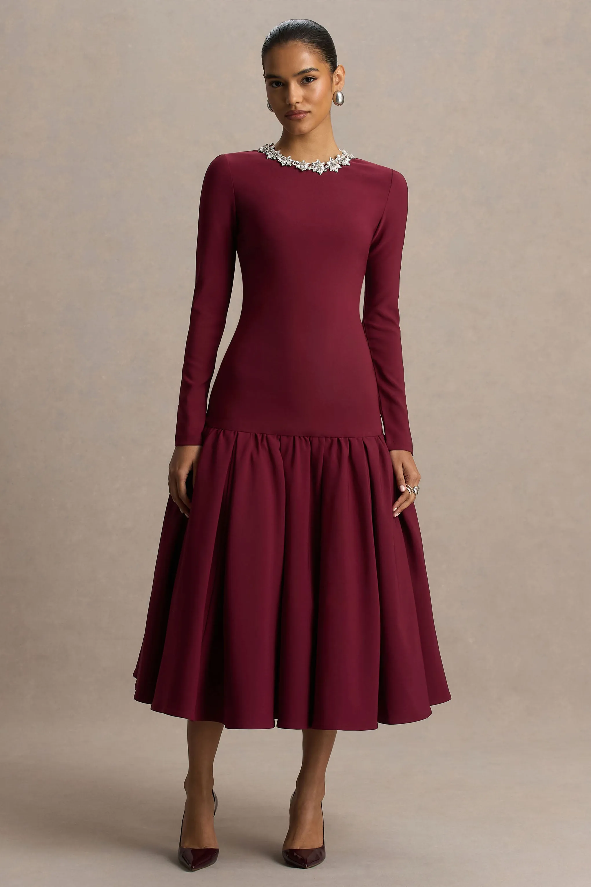 Jovana | Burgundy Hand-Embellished Crew-Neck Midi Dress With Drop Waist sold by Club L London