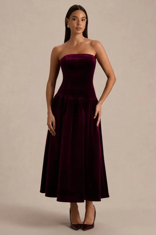 Violetta | Burgundy Velvet Bandeau Midi Dress With Drop-Waist And Gathered Skirt made by Club L London