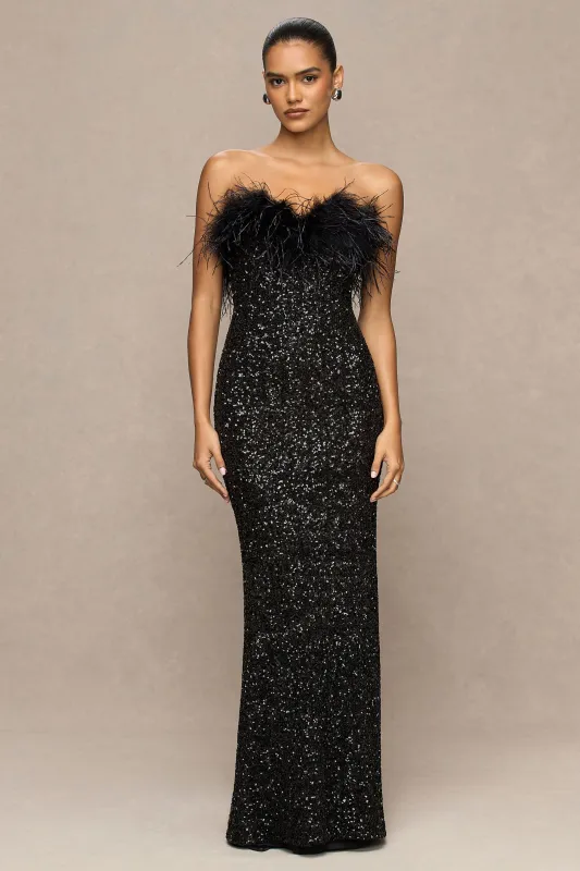 Daze | Black Sequin Bandeau Maxi Dress With Feather-Trim sold by Club L London