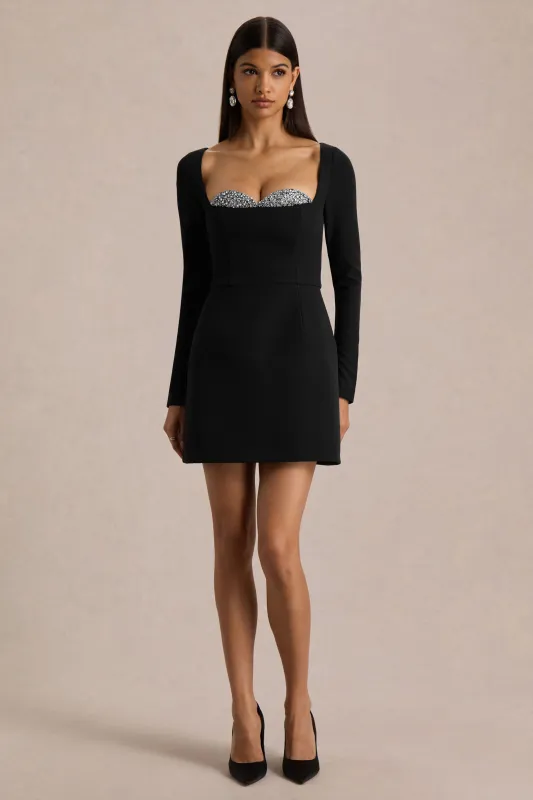 Martha | Black Embellished Sweetheart-Neck Mini Dress sold by Club L London