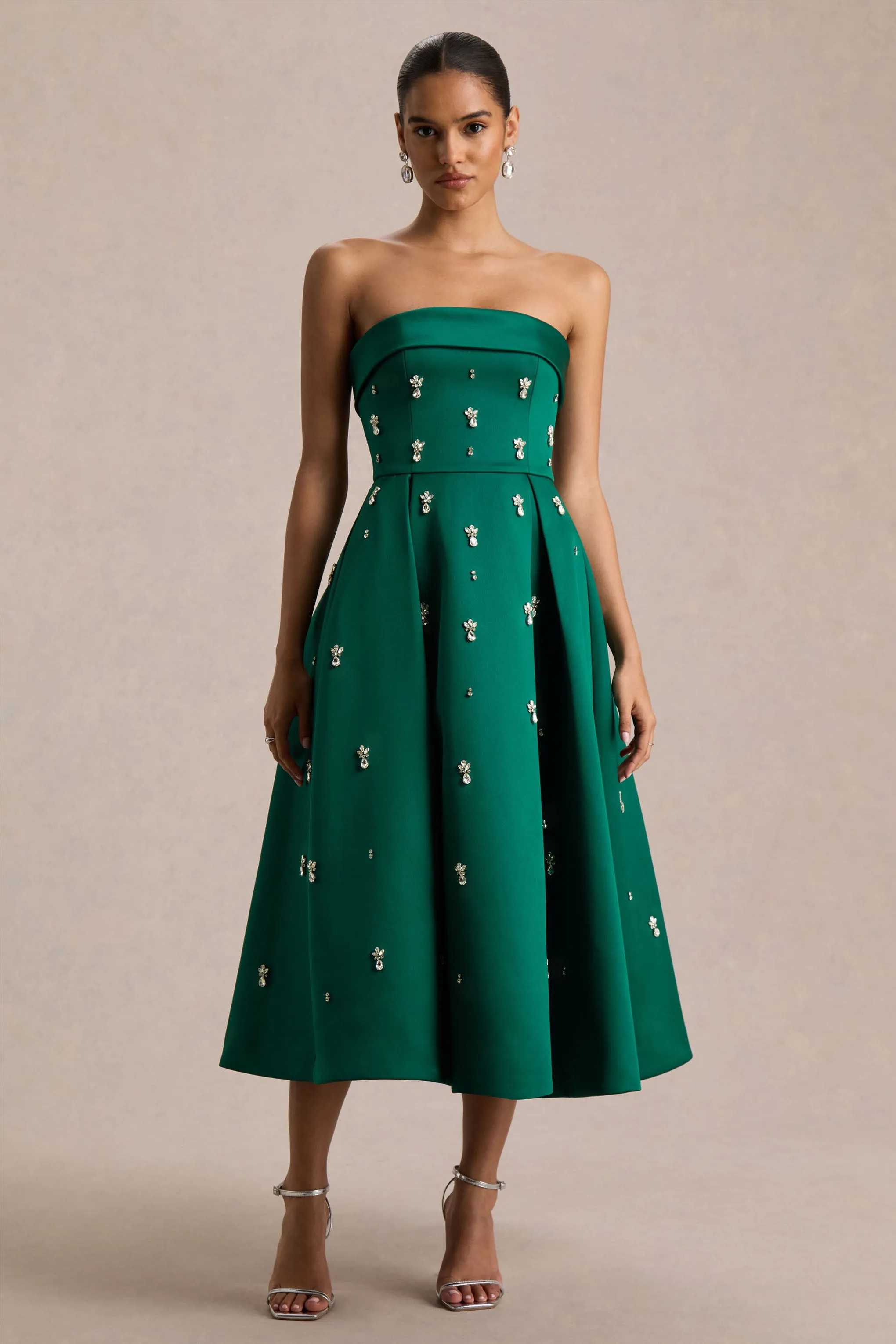 Sylvette | Dark Green Satin Bandeau Skater Midi Dress sold by Club L London product image thumbnail 4