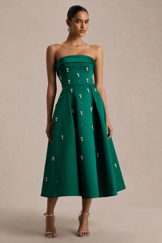Sylvette | Dark Green Satin Bandeau Skater Midi Dress sold by Club L London