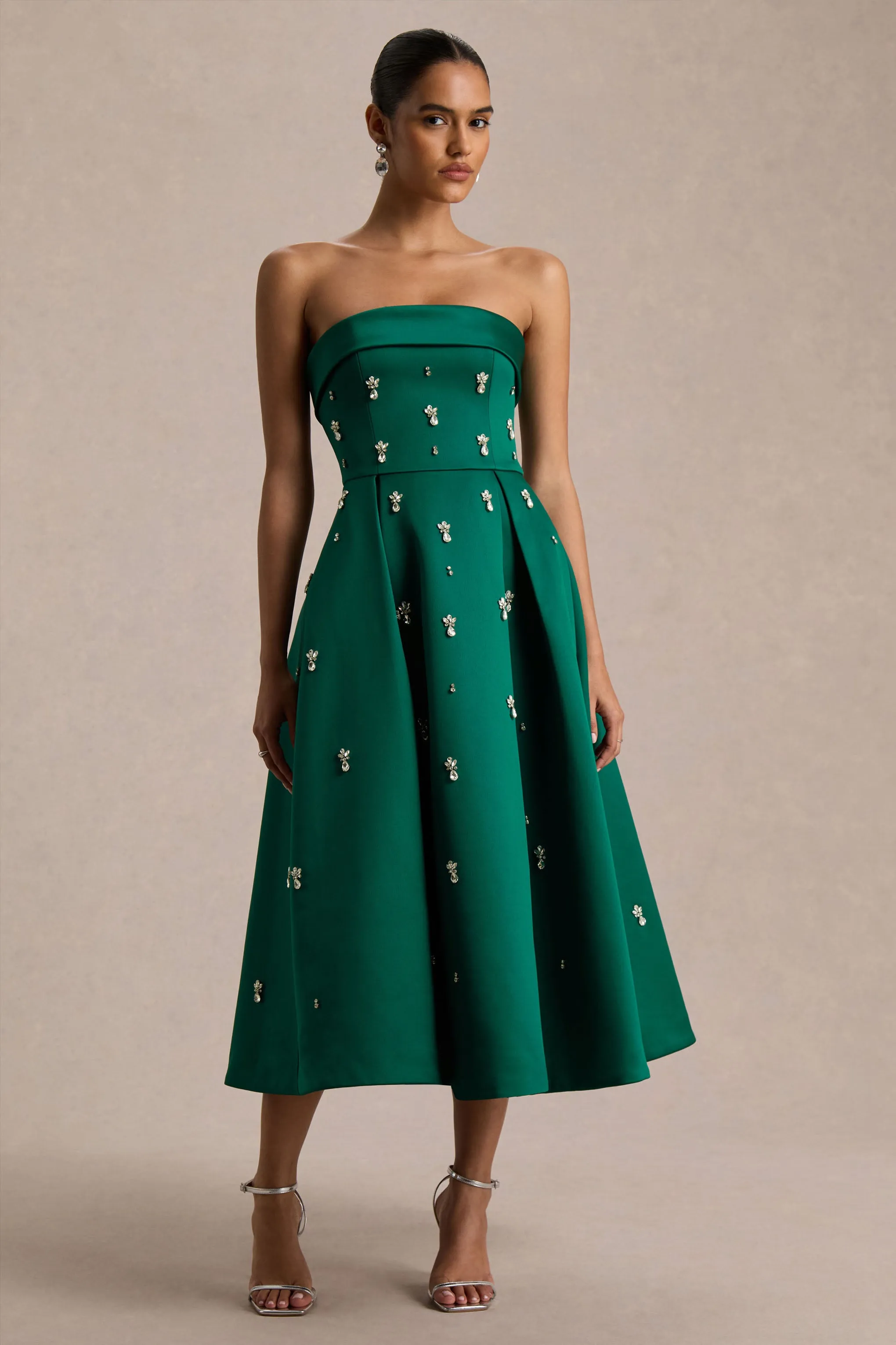 Sylvette | Dark Green Satin Bandeau Skater Midi Dress sold by Club L London