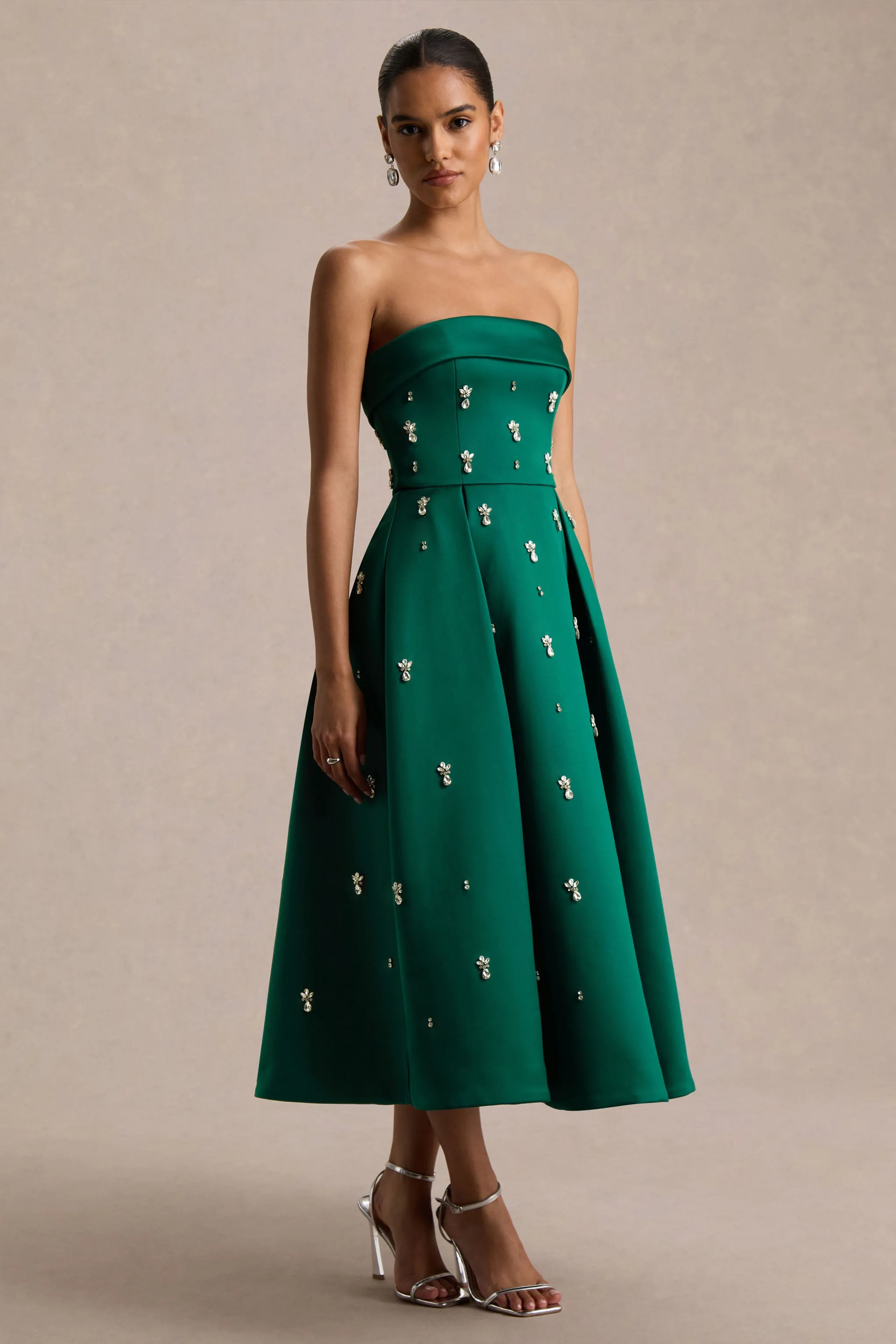 Sylvette | Dark Green Satin Bandeau Skater Midi Dress sold by Club L London product image thumbnail 5