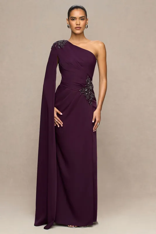 Solace | Dark Plum Asymmetric-Neck Maxi Dress With Front-High Split sold by Club L London