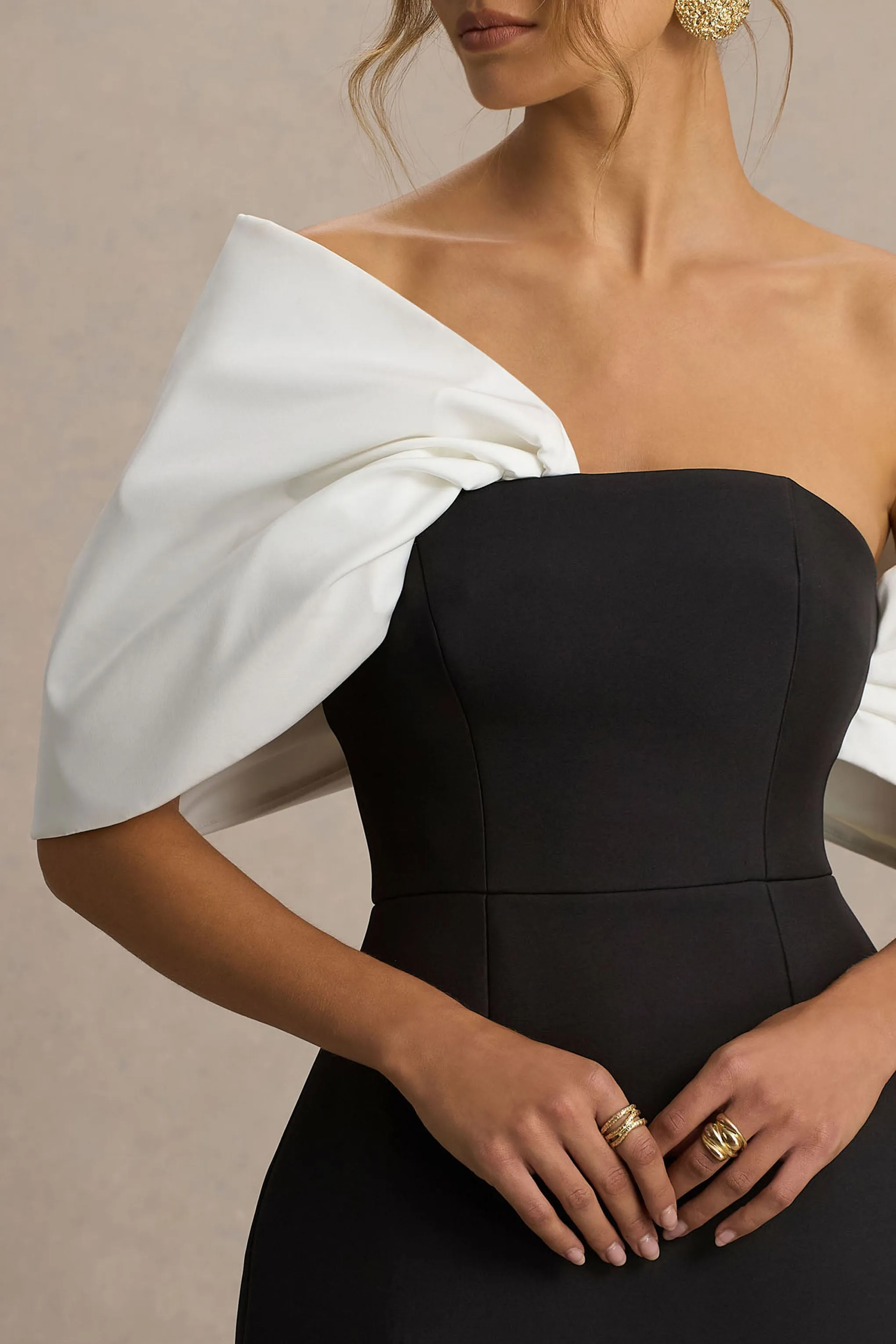 Tindra | Black And White Satin Bandeau-Neck Mini Dress With Bow Sleeves sold by Club L London product image thumbnail 3