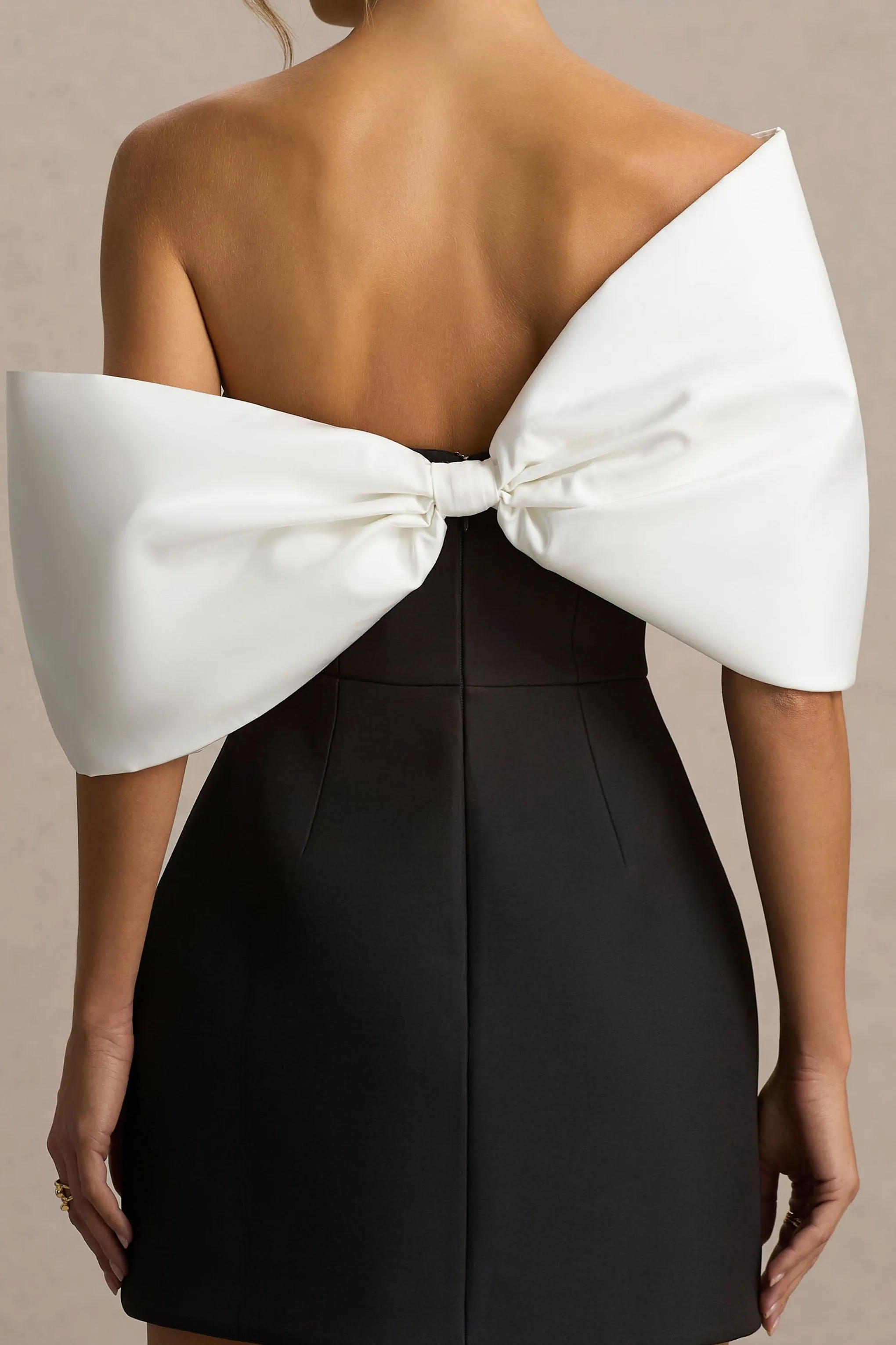 Tindra | Black And White Satin Bandeau-Neck Mini Dress With Bow Sleeves sold by Club L London product image thumbnail 4