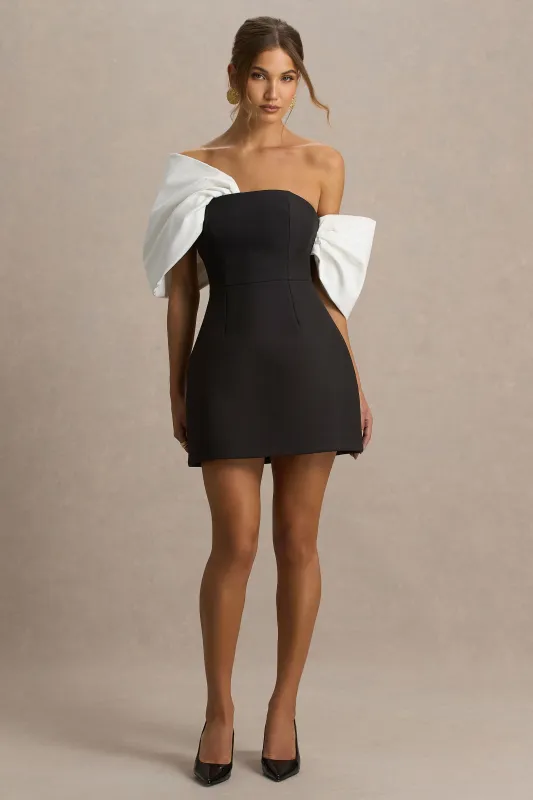 Tindra | Black And White Satin Bandeau-Neck Mini Dress With Bow Sleeves sold by Club L London