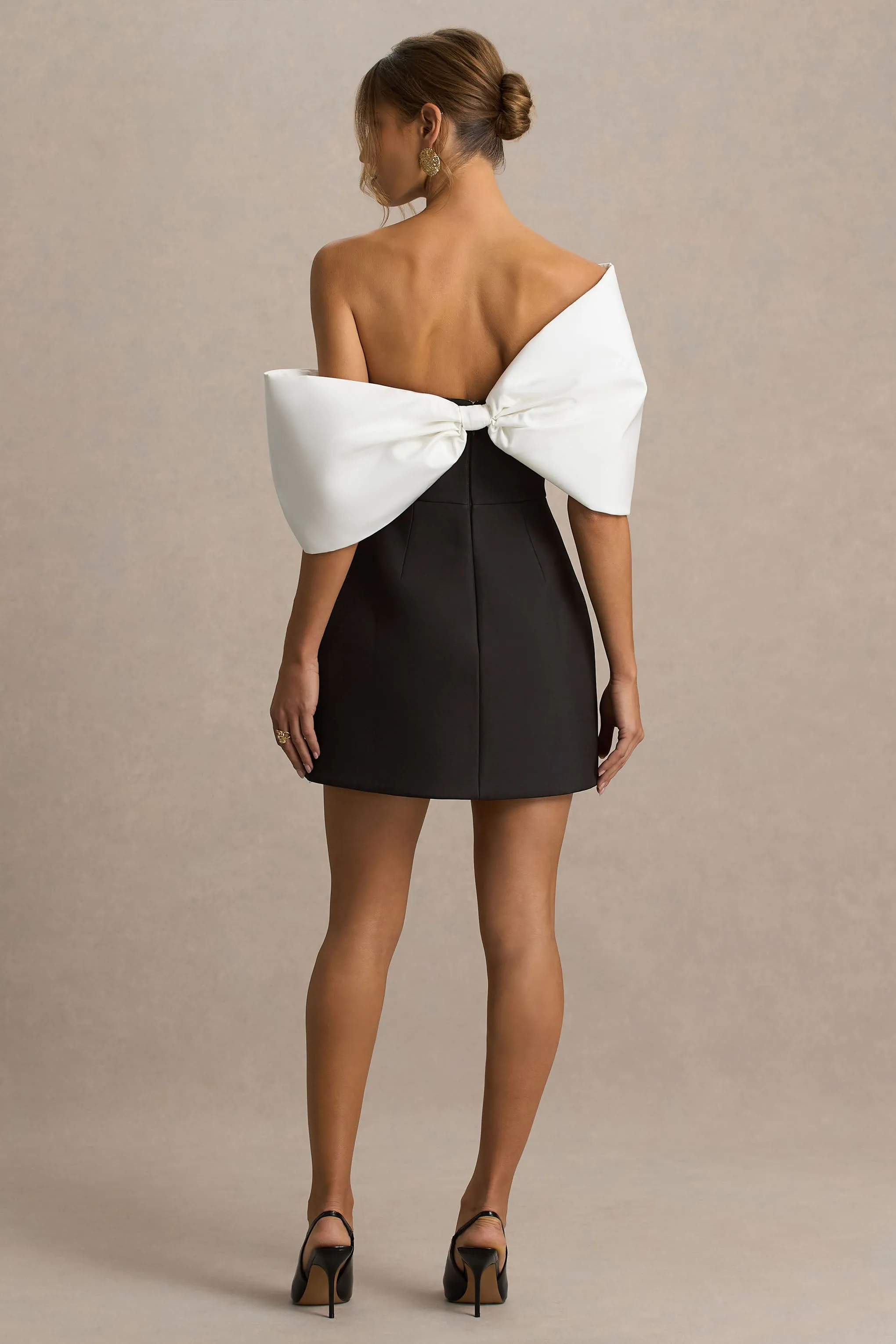 Tindra | Black And White Satin Bandeau-Neck Mini Dress With Bow Sleeves sold by Club L London product image thumbnail 2