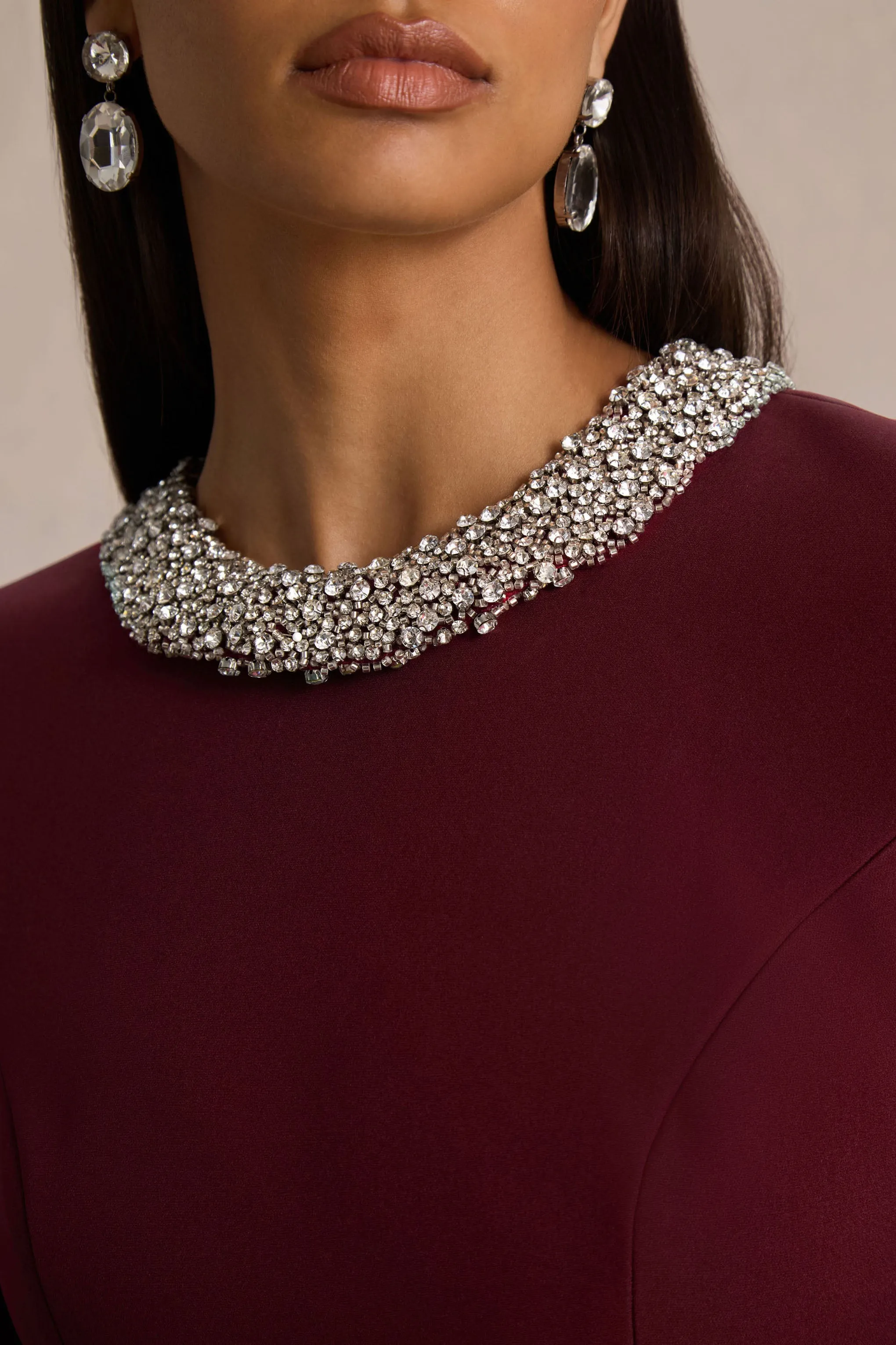 Eletta | Burgundy Embellished Crew-Neck Mini Dress sold by Club L London product image thumbnail 3