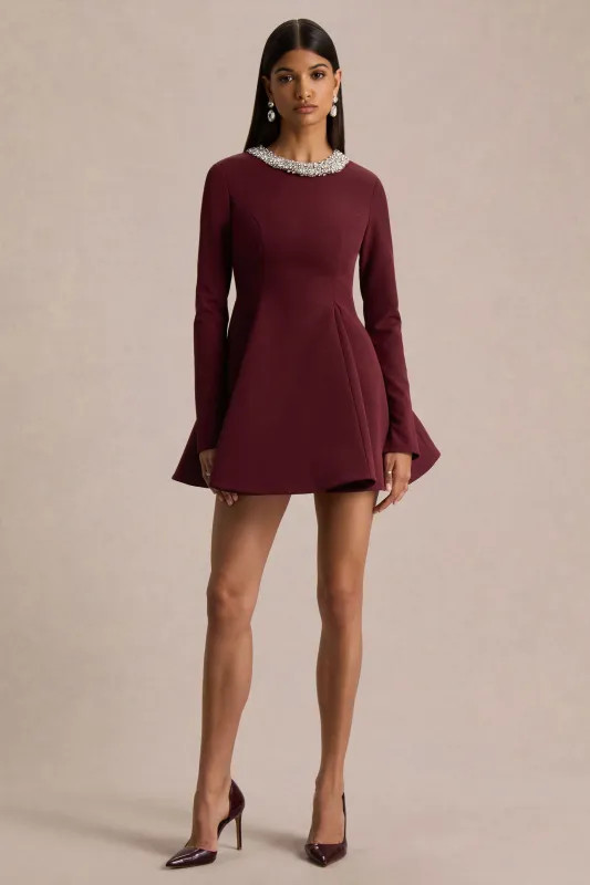 Eletta | Burgundy Embellished Crew-Neck Mini Dress sold by Club L London