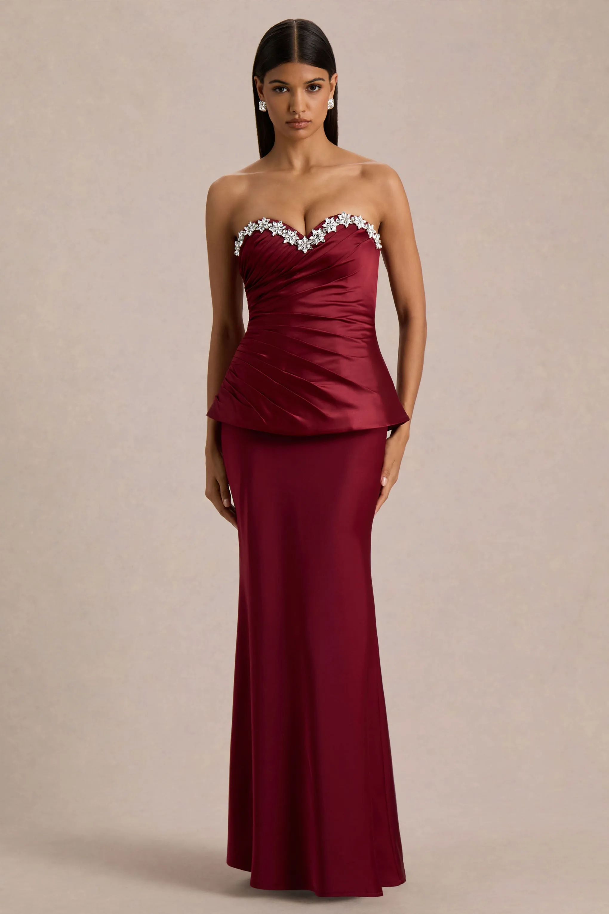 Milia | Burgundy Satin Hand-Embellished Strapless Corset Maxi Dress sold by Club L London product image thumbnail 4
