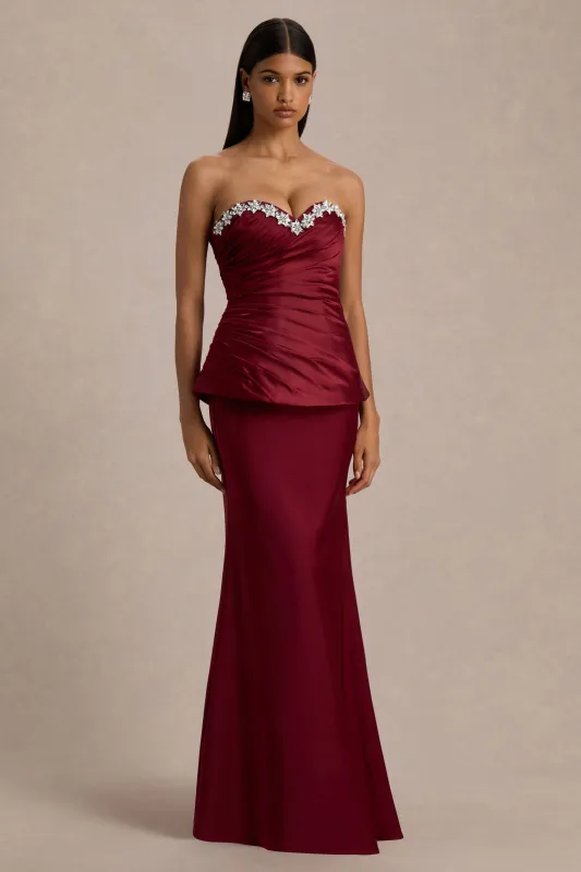Milia | Burgundy Satin Hand-Embellished Strapless Corset Maxi Dress sold by Club L London