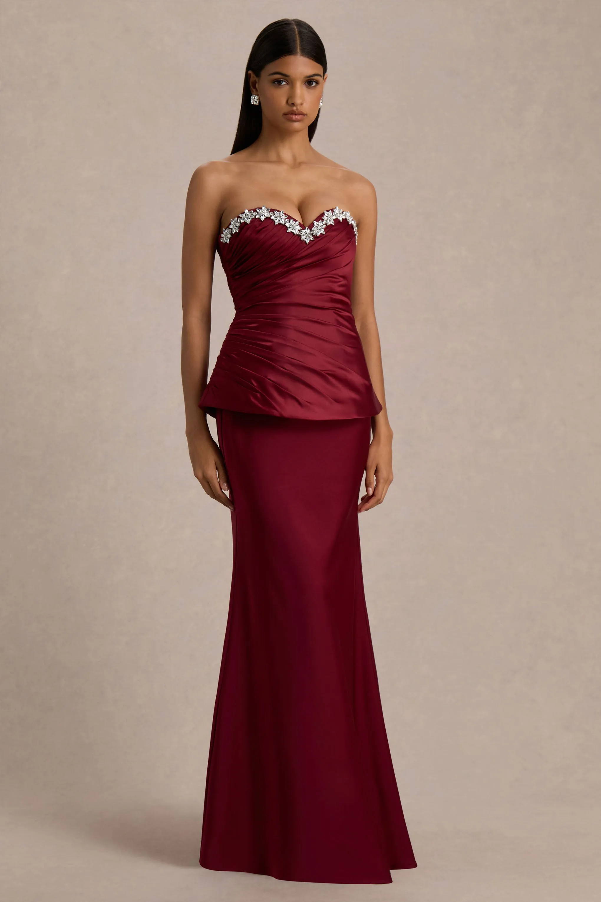 Milia | Burgundy Satin Hand-Embellished Strapless Corset Maxi Dress sold by Club L London