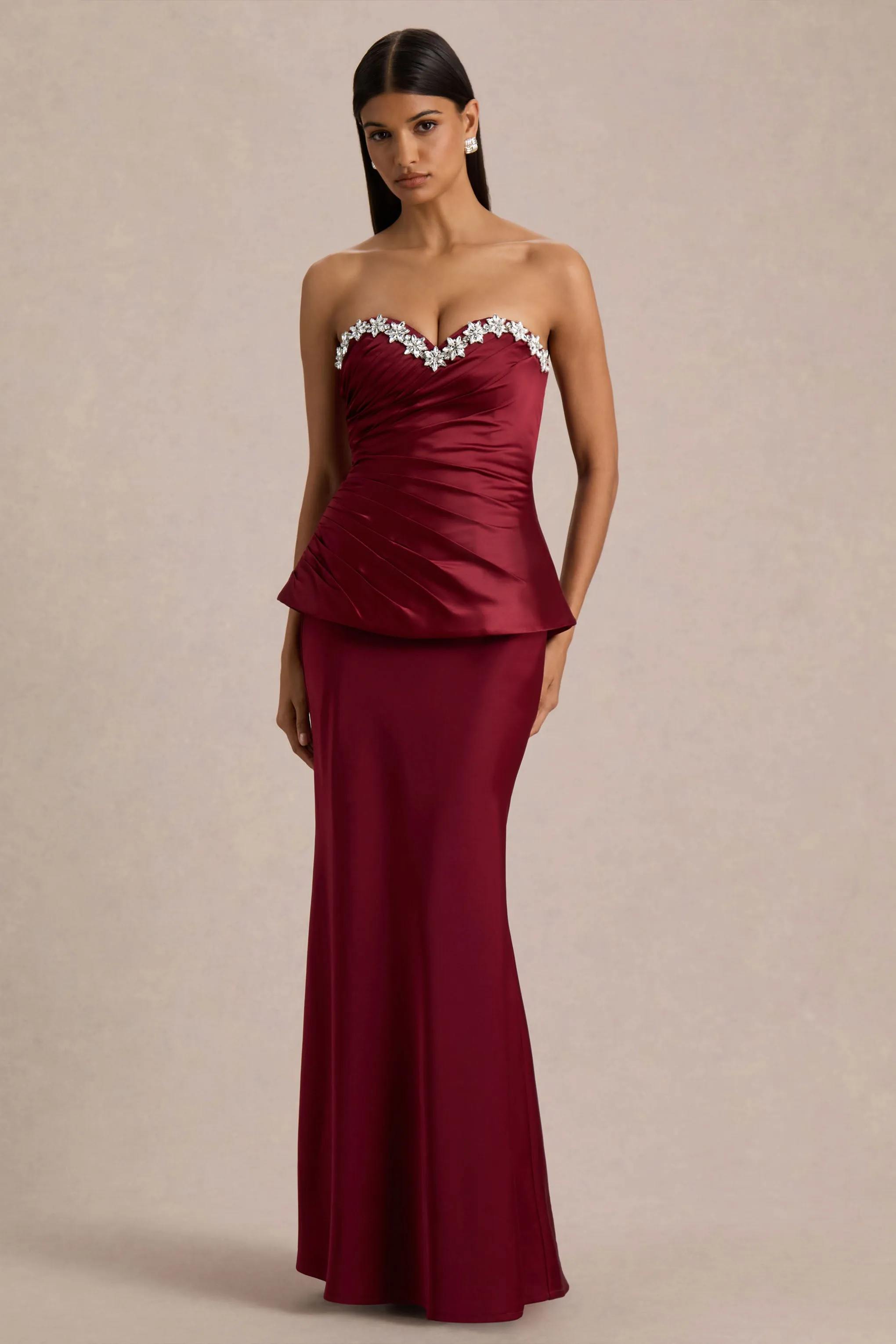 Milia | Burgundy Satin Hand-Embellished Strapless Corset Maxi Dress sold by Club L London product image thumbnail 5