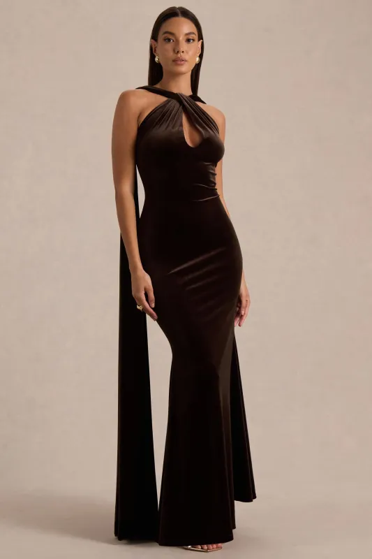 Layli | Brown Velvet Halter-Neck Maxi Dress With Cape sold by Club L London