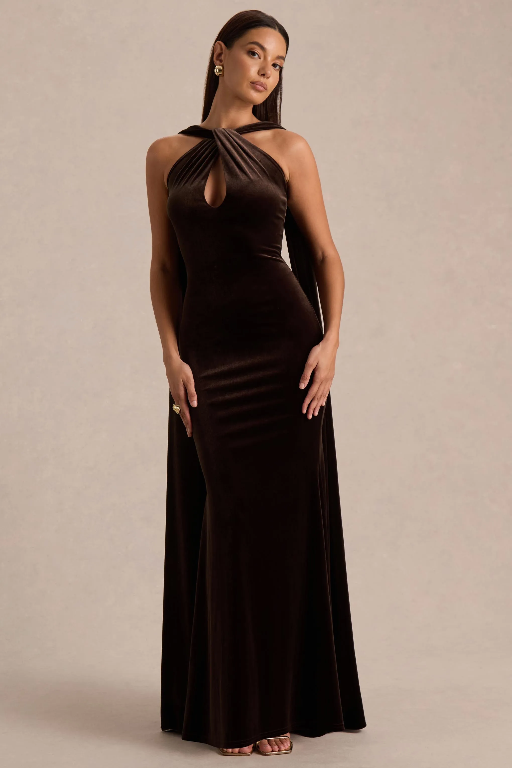 Layli | Brown Velvet Halter-Neck Maxi Dress With Cape sold by Club L London product image thumbnail 4