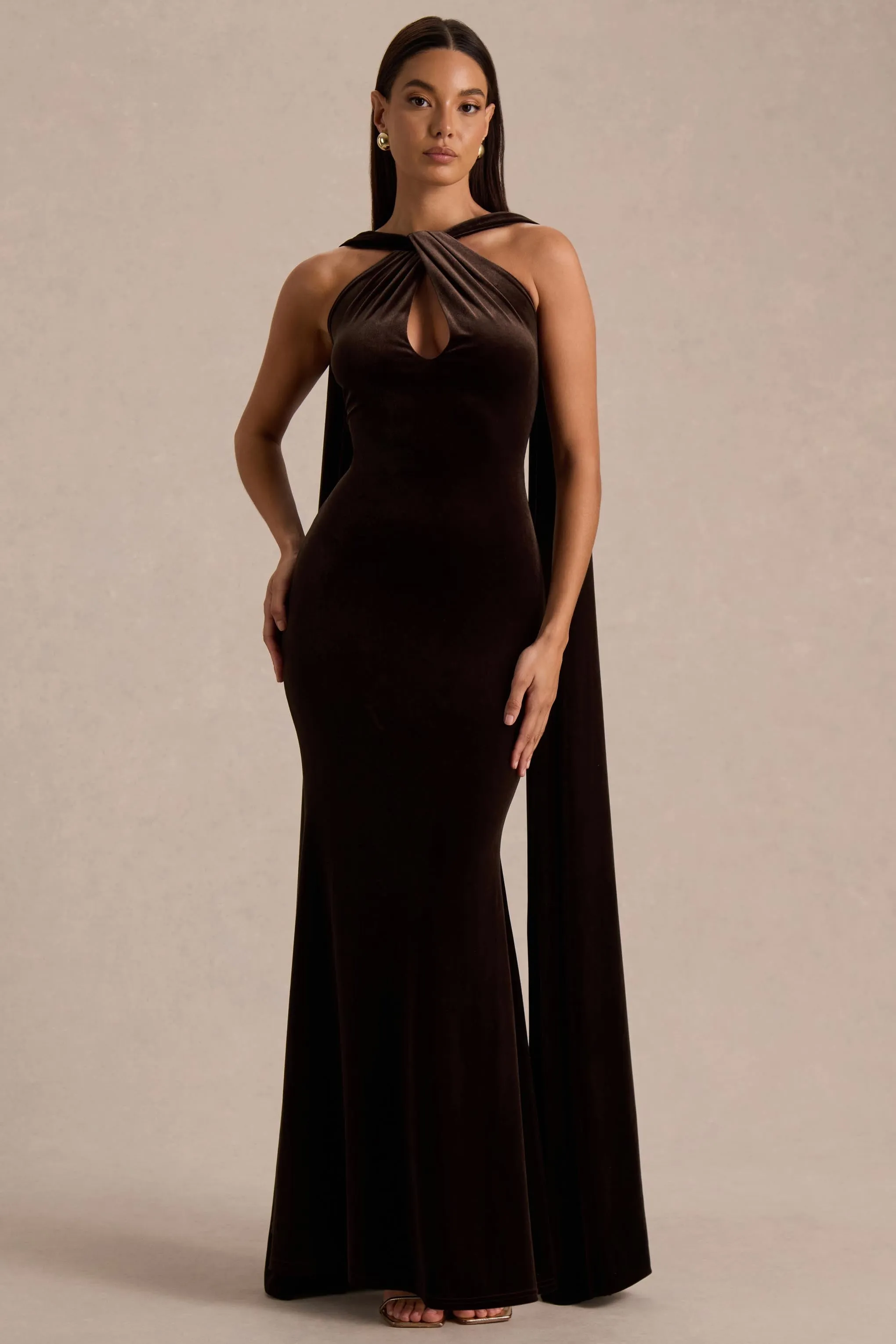 Layli | Brown Velvet Halter-Neck Maxi Dress With Cape sold by Club L London product image thumbnail 5