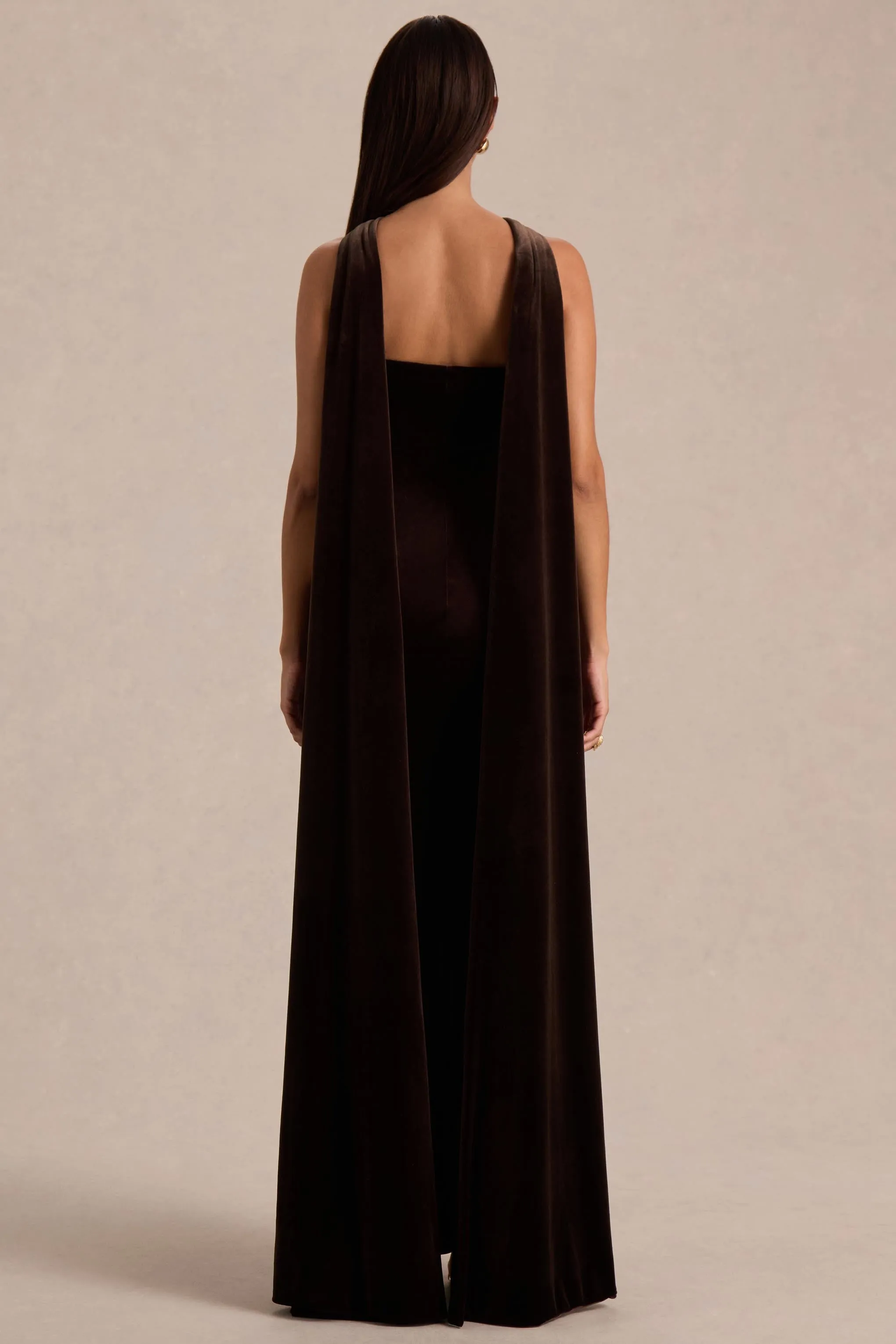 Layli | Brown Velvet Halter-Neck Maxi Dress With Cape sold by Club L London product image thumbnail 2