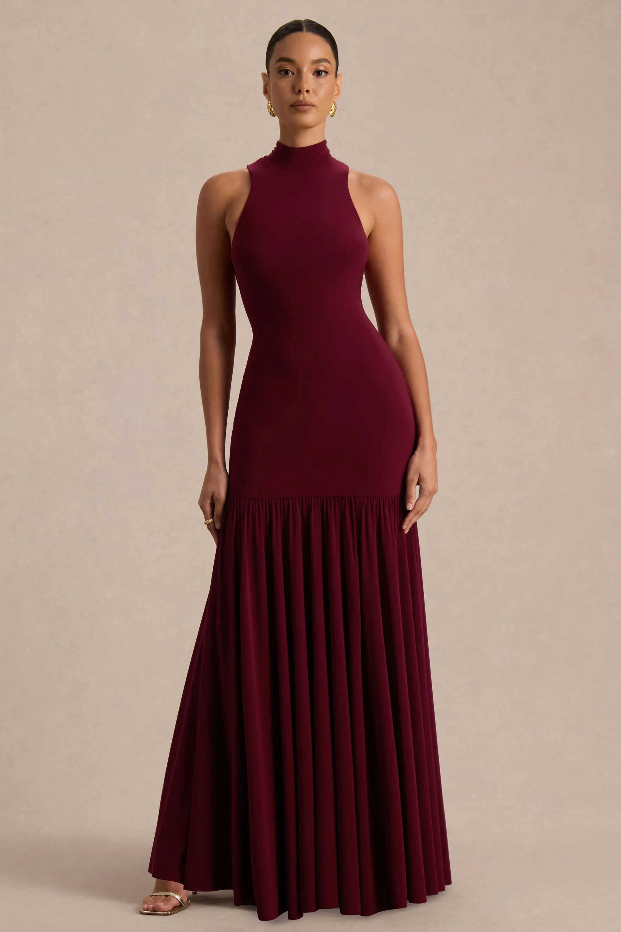 Tasmin | Burgundy High-Neck Maxi Dress With Drop-Waist sold by Club L London product image thumbnail 4